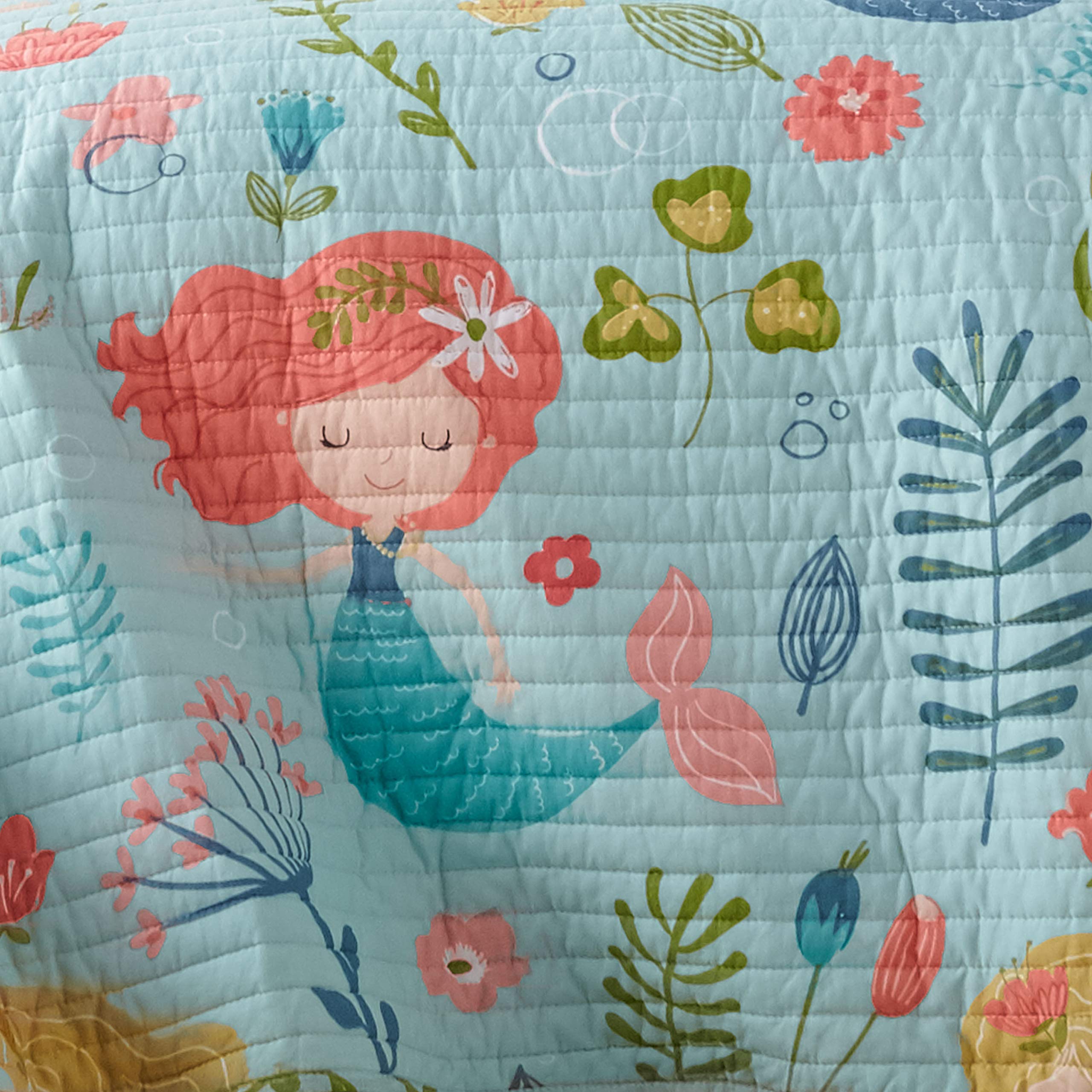 Levtex Home Andrina Reversible Cotton Quilt Set - Full/Queen Size (88x92in) with 2 Standard Pillow Shams (26x20in) - Pink, Peach, Turquoise, Yellow & Green Mermaid Design - Soft Bedding for Girls' Room, Guest Bedroom or Coastal Decor