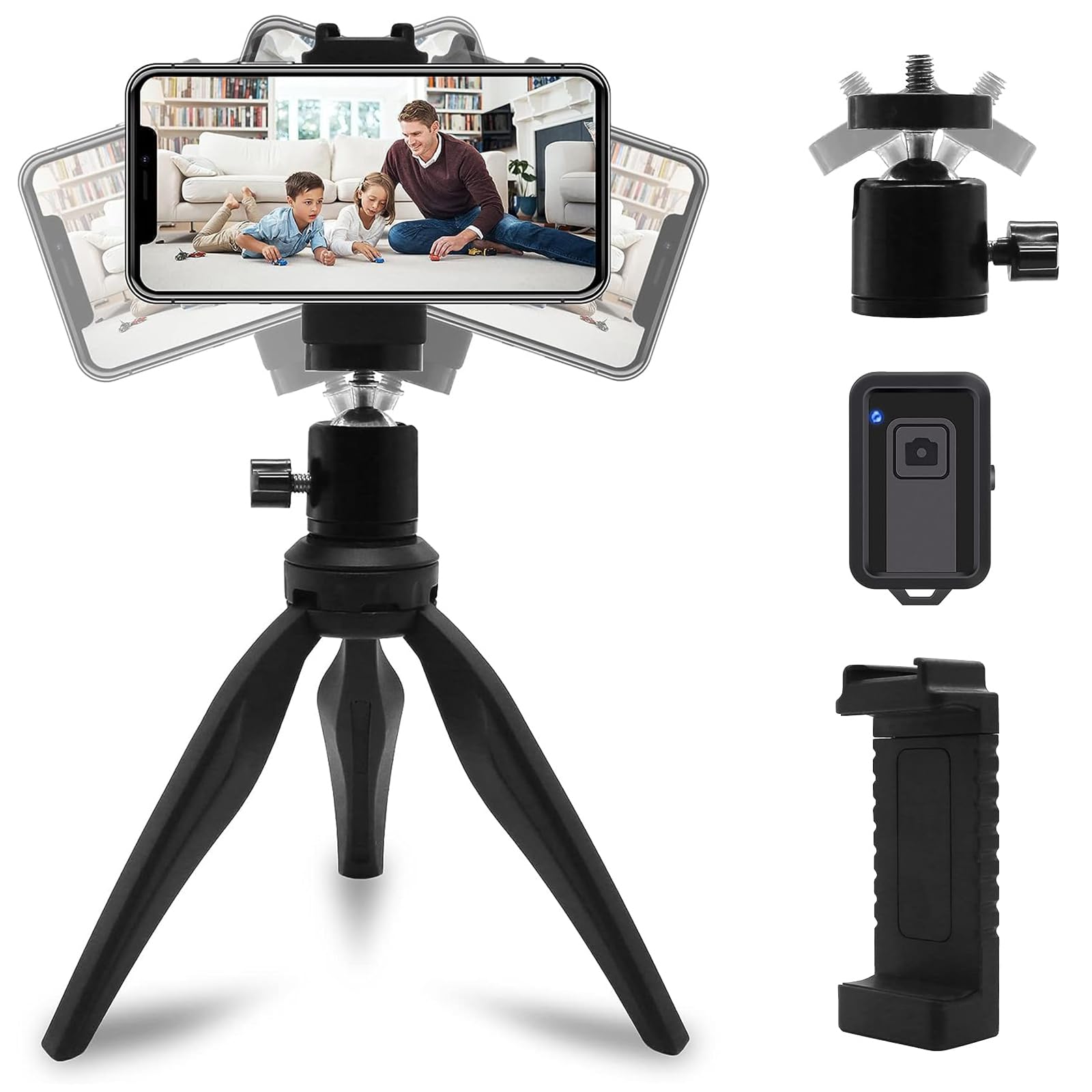 LINKCOOL Mini Phone Tripod Stand - Lightweight Portable Tabletop Tripod with 360° Rotating Metal Ball Head & Phone Mount for iPhone, Samsung, GoPro, DSLR Cameras - Includes Remote Control for Travel, Vlogging & Photography