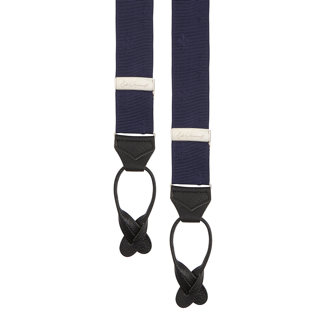 Premium Navy Fleur De Lys Suspenders for Men - Vintage French-Inspired Adjustable Elastic Braces - Perfect for Formal Wear, Weddings & Retro Fashion Outfits