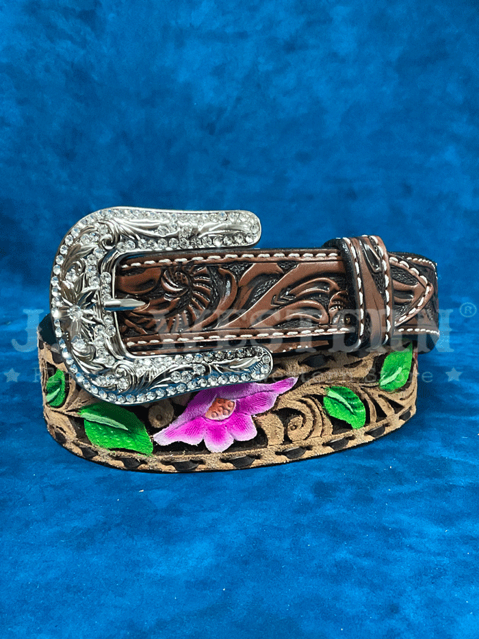 Angel Ranch D140004302 Women's Hand-Painted Floral Leather Belt - Brown Western Style Belt for Cowgirl Outfits & Boho Fashion