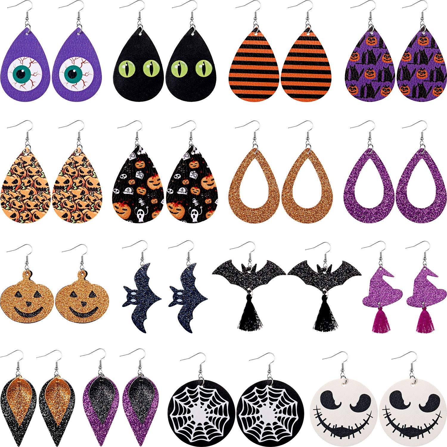 16 Pairs Halloween Faux Leather Earrings for Women - Layered Leather Dangle Teardrop Leaf Drop Earrings | Costume Jewelry for Halloween Parties, Cosplay & Festive Outfits