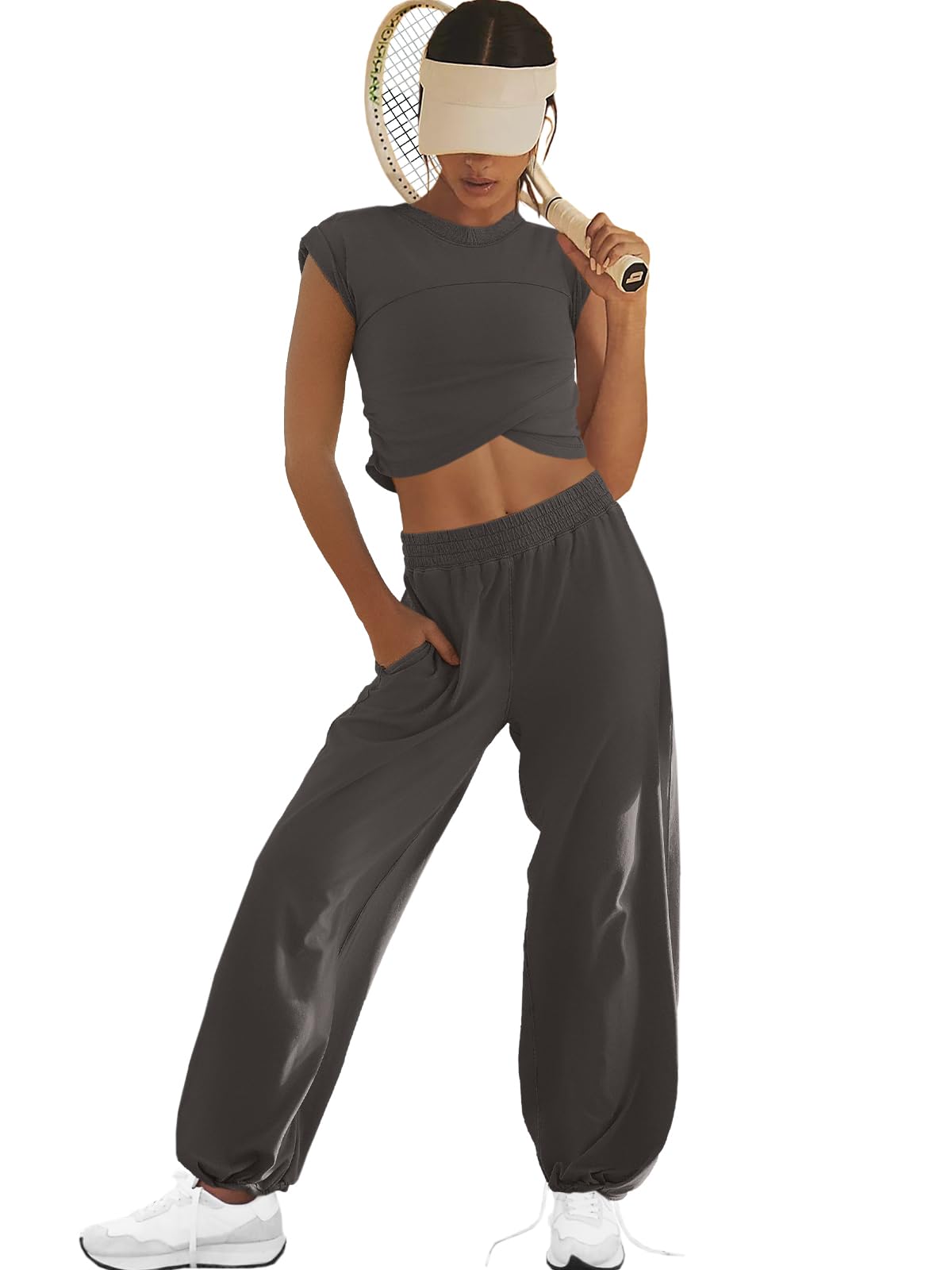 LAMISSCHE Women's 2-Piece Loungewear Set - Cropped Tops & Wide Leg Pants with Pockets, Casual Tracksuit Outfit for Home, Yoga & Travel