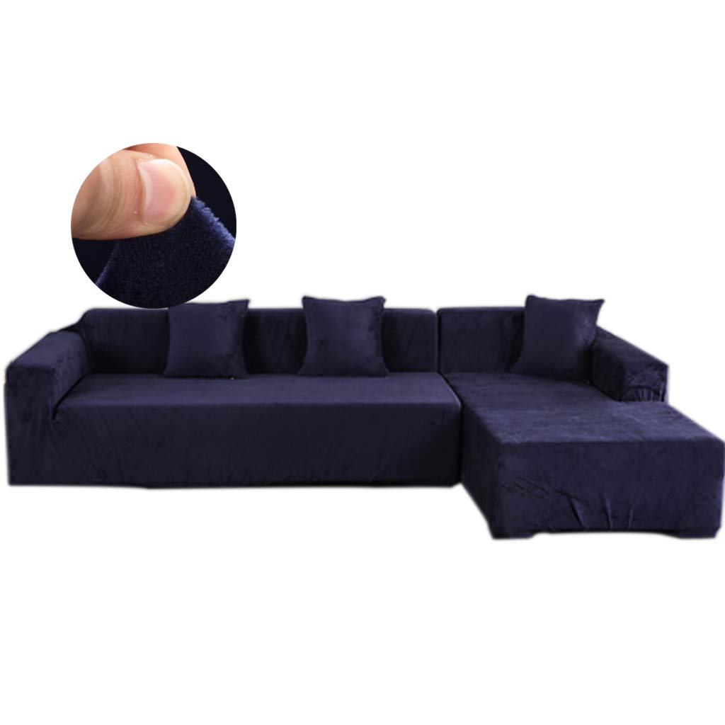 Anti-Wrinkle Velvet Sectional Sofa Slipcover - Thick Plush Suede L-Shaped Couch Cover with Stretch Fabric | Fully Covered Furniture Protector for Living Room, Family Room & Home Theater (Navy, L Sectional Sofa)