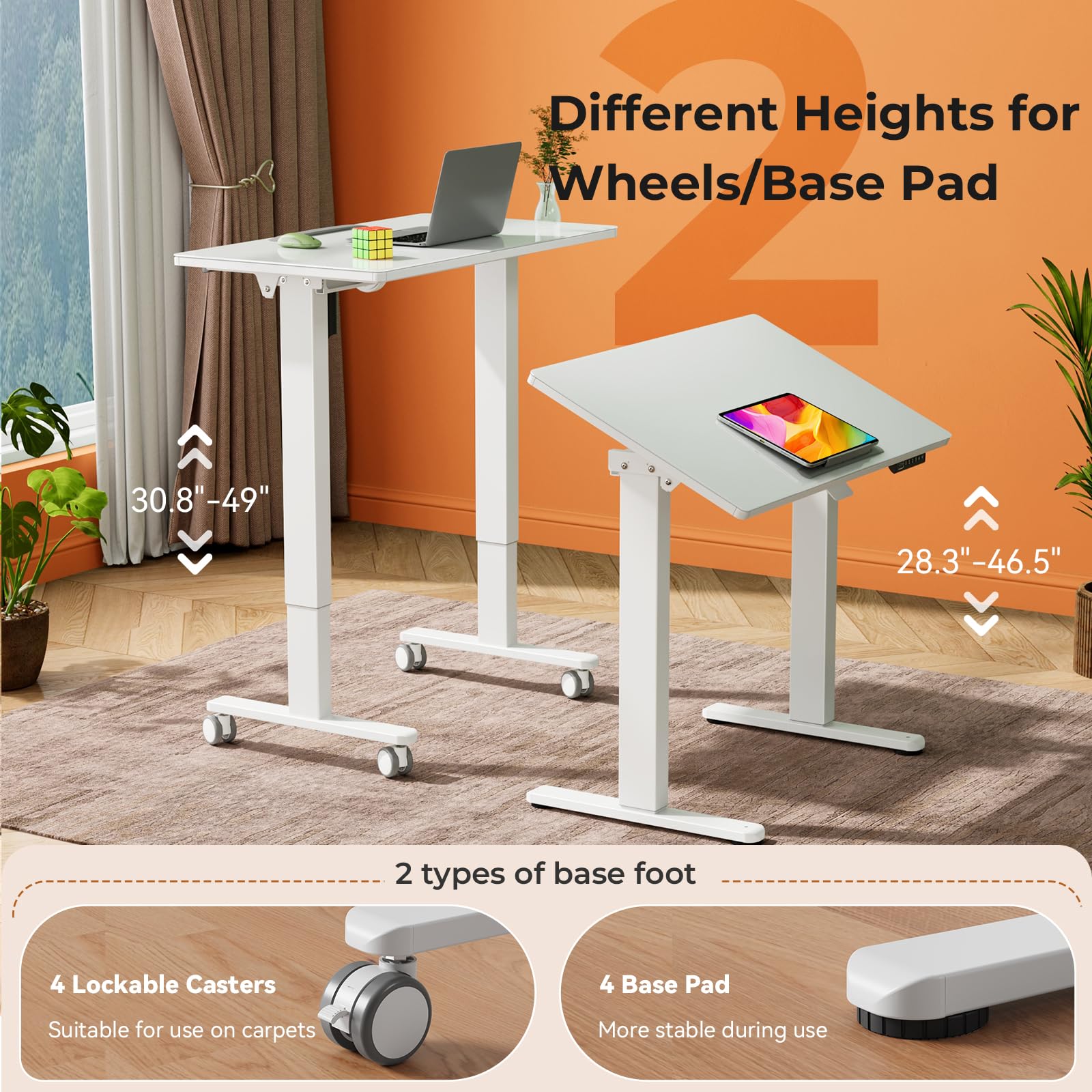 35 Inch Adjustable Height Glass Standing Desk with Wheels - 90° Tiltable Mobile Workstation for Home & Office - Foldable Rolling Sit Stand Desk for Laptop, Computer & Workspace - White