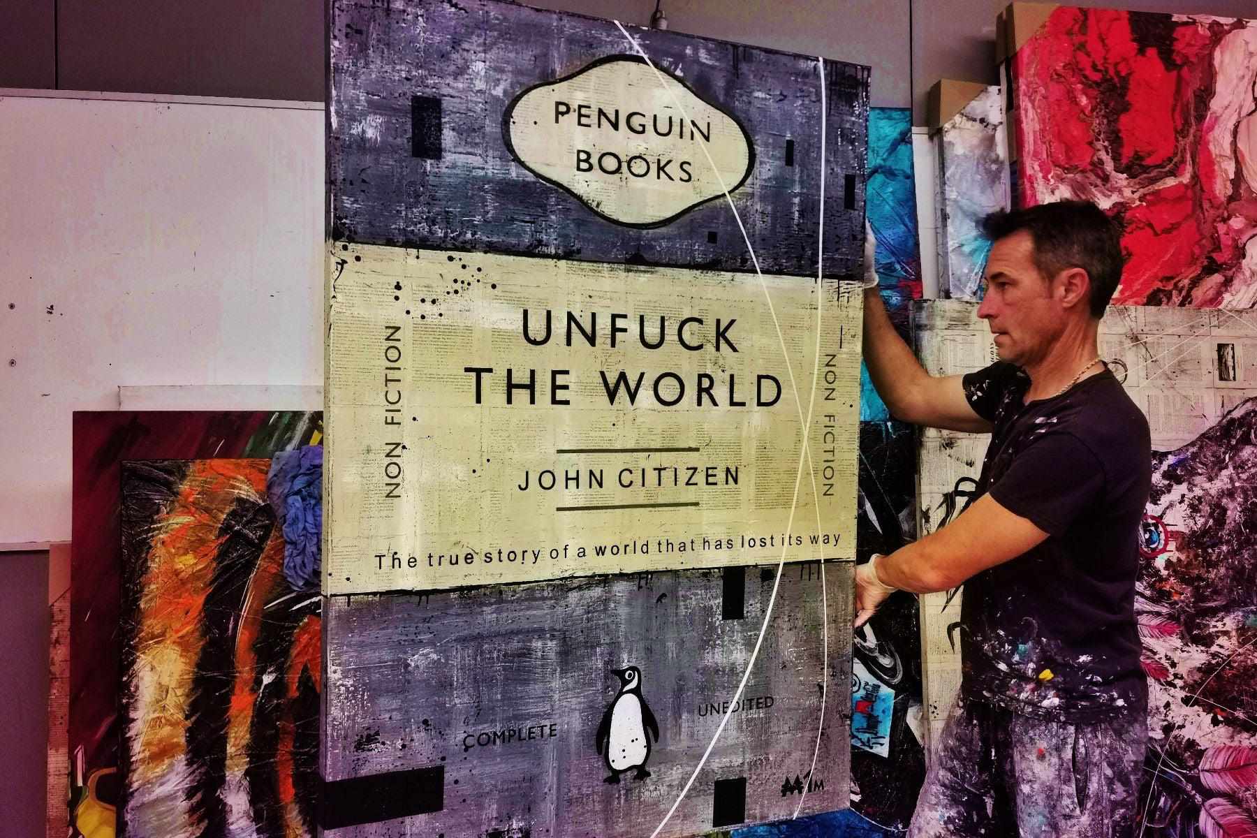Grey Unfucker 140cm x 100cm Modern Art Canvas - Urban Pop Painting for Book Clubs, Home & Office Decor - Unfuck The World Wall Art