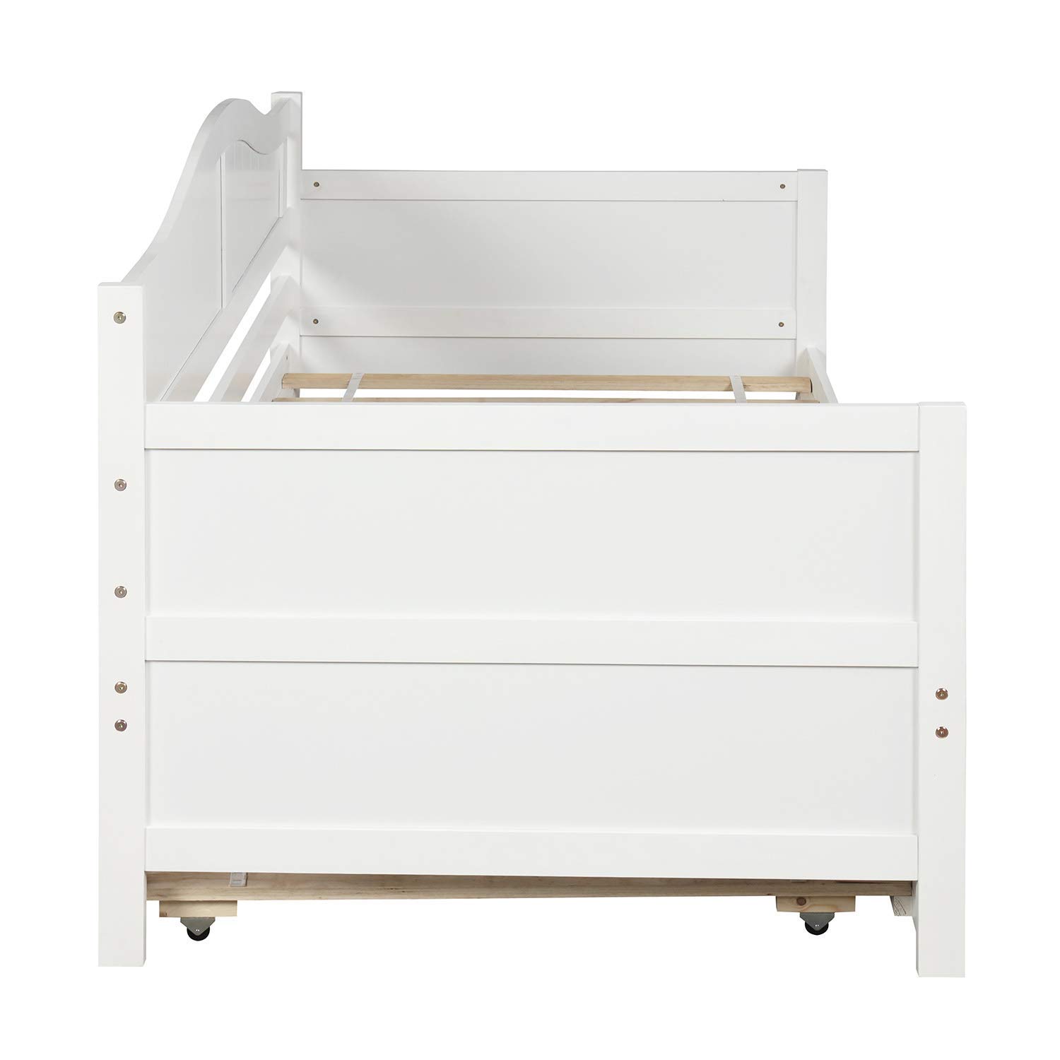 Twin Size Mera Wood Daybed with Trundle - Convertible Sofa Bed Frame, No Box Spring Needed (White) - Perfect for Guest Rooms, Dormitories & Small Space Living