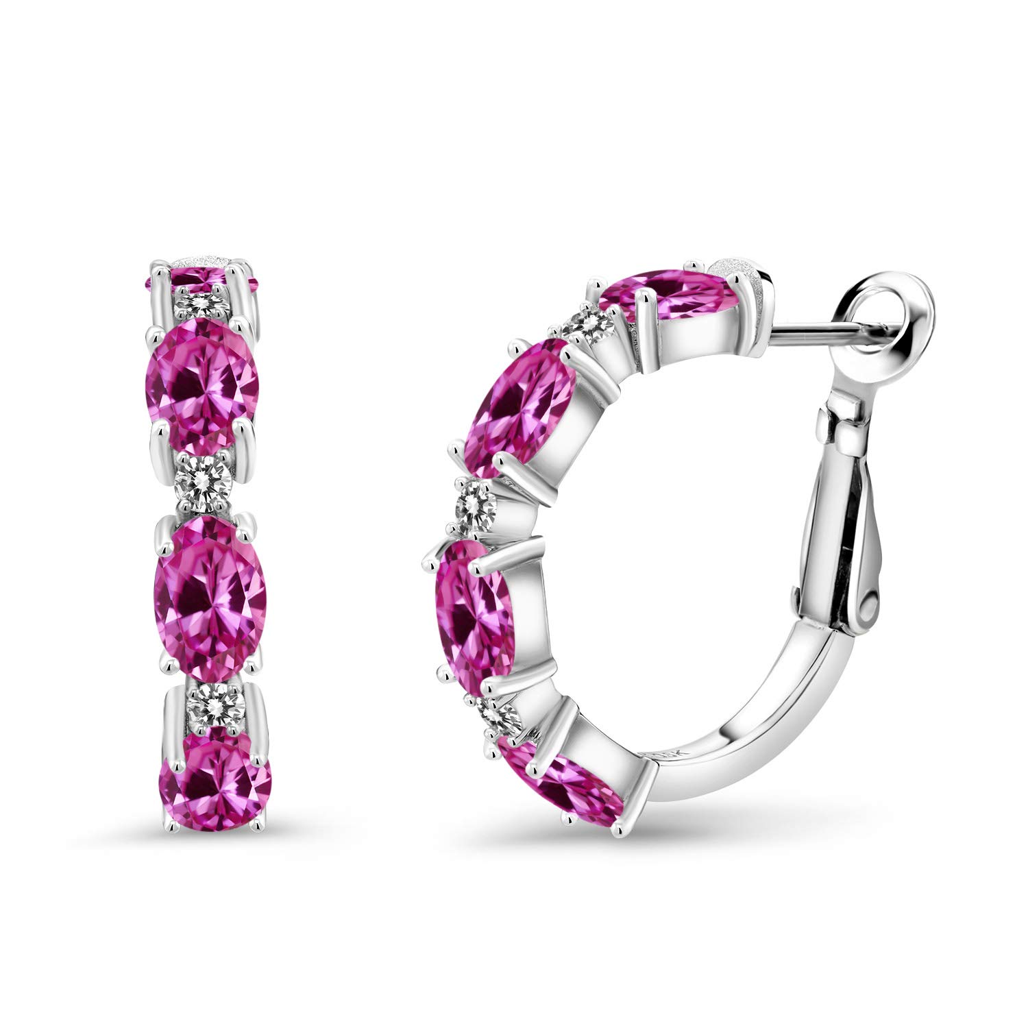 4.20 Ct Oval Pink Created Sapphire & White Diamond 925 Sterling Silver Hoop Earrings for Women - Elegant Jewelry Gift for Birthday, Anniversary & Special Occasions