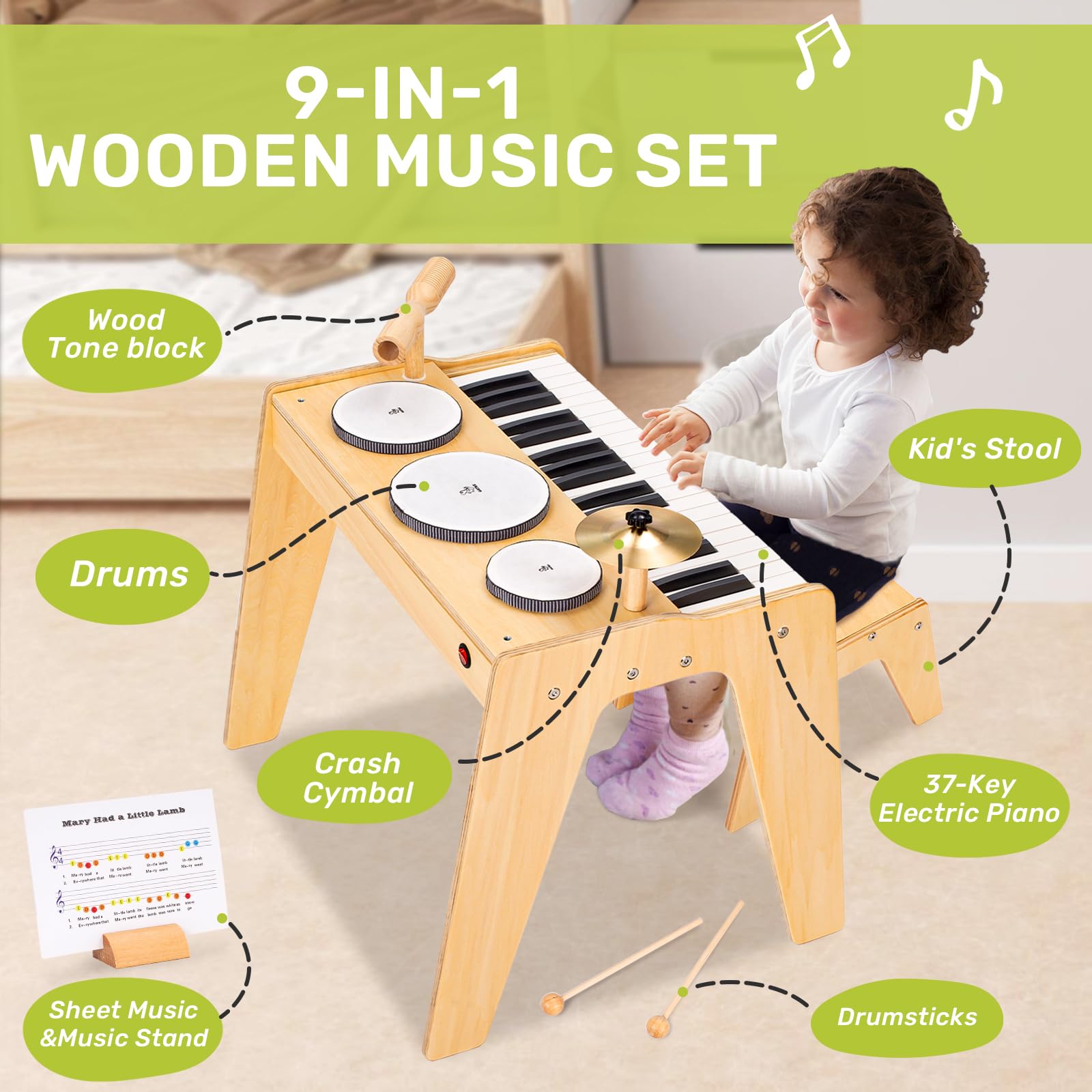 OATHX 37-Key Kids Piano Keyboard with Drum Set & Stool - Adjustable Volume, 9-in-1 Musical Toy for Toddlers & Children Ages 3+ | Wooden Mini Piano Gift for Boys & Girls | Perfect for Birthday Gifts, Early Music Education & Home Play