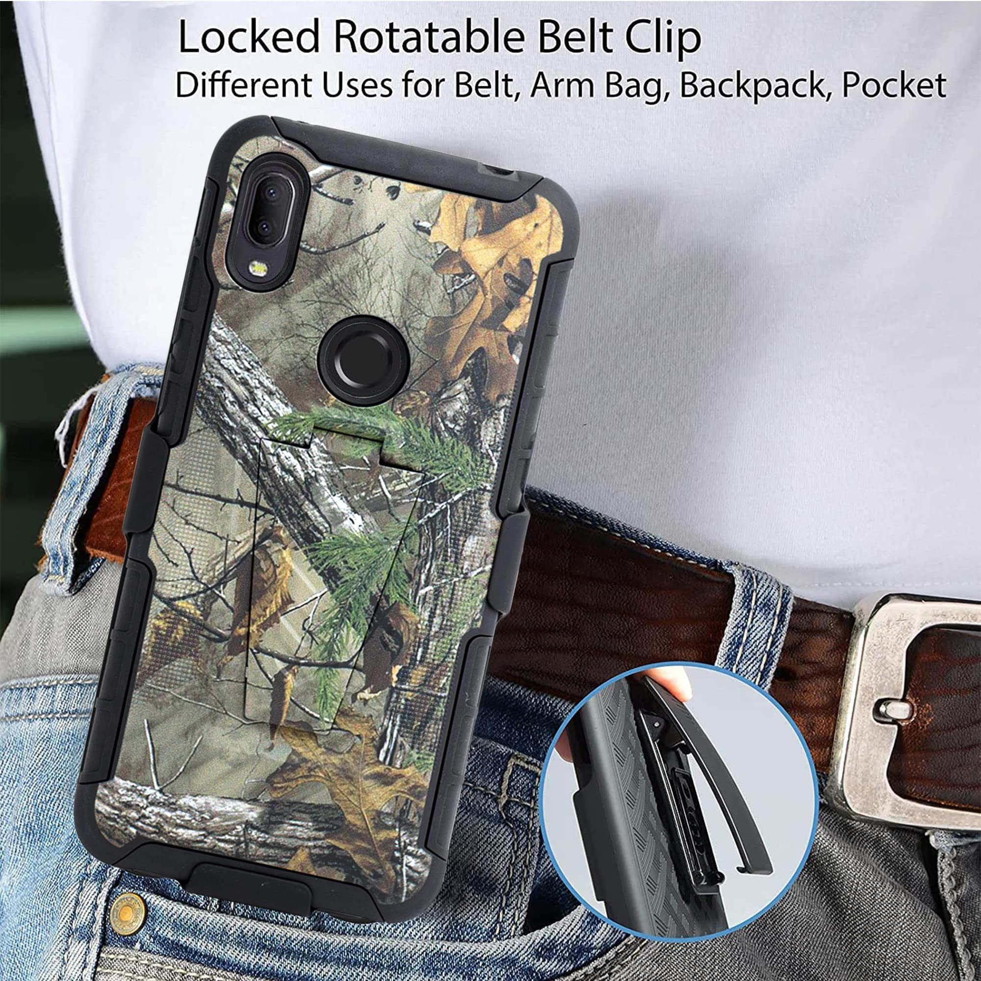 Jitterbug Smart 3 Heavy Duty Shockproof Case with Tempered Glass & Swivel Belt Clip - Camo Holster Cover with Kickstand for Seniors | Perfect for Outdoor Activities, Travel & Everyday Protection