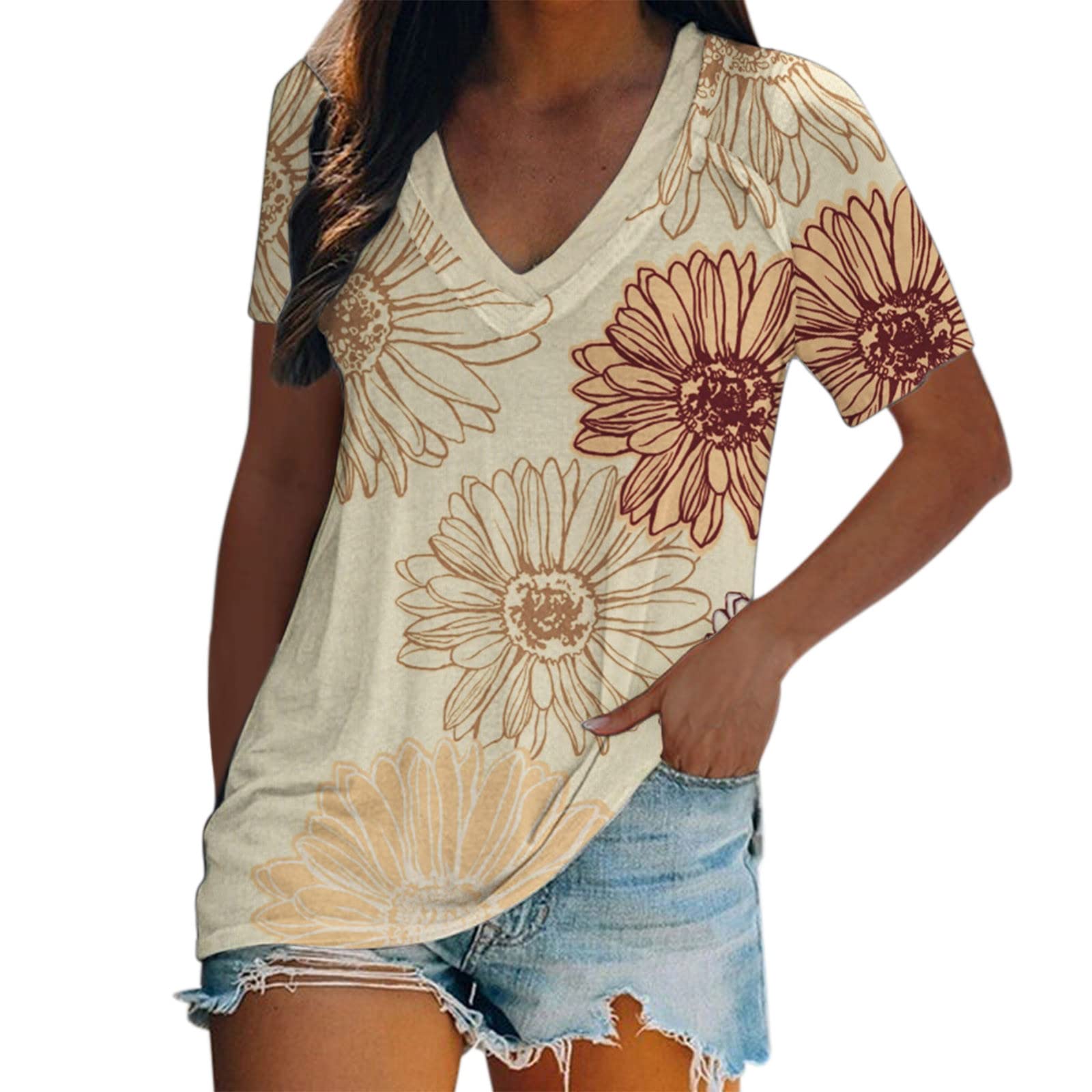 FMCHICO Women's Summer Floral Print V-Neck T-Shirt - Short Sleeve Casual Blouse for Everyday Wear, Date Night & Vacation Outfits