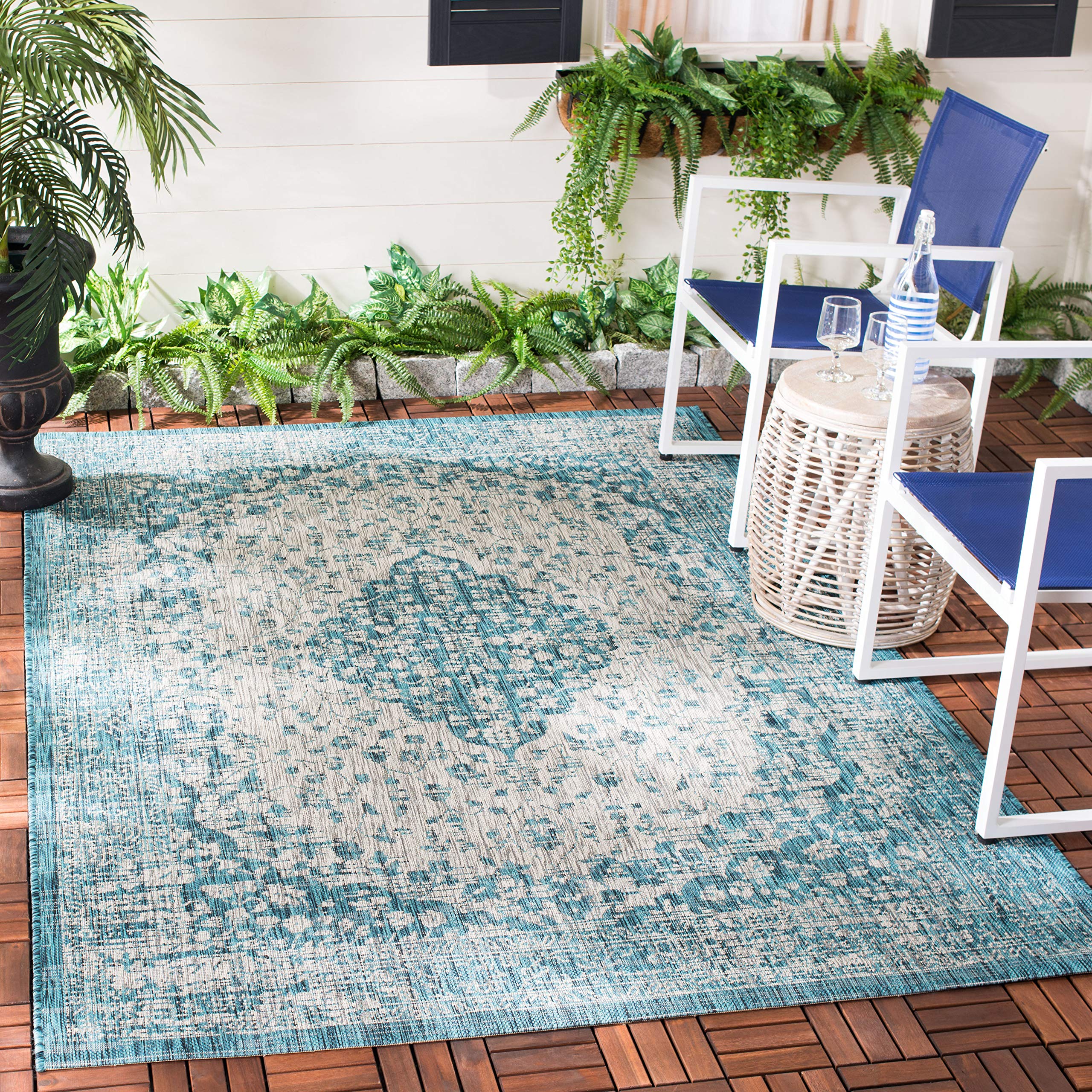 SAFAVIEH Courtyard Collection 8' x 11' Teal & Cream Indoor/Outdoor Rug - Waterproof, Easy Clean, Non-Slip - Perfect for Patio, Backyard, Mudroom, Deck & Poolside