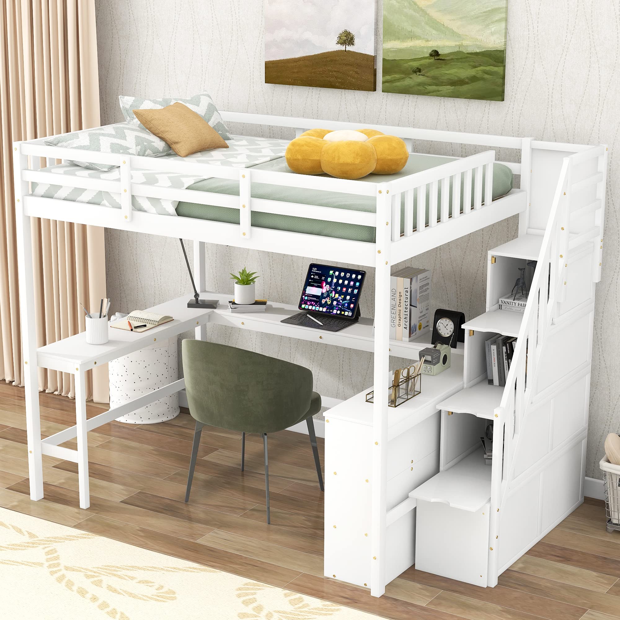 Full Size Loft Bed with L-Shaped Desk, Stairs & Storage Shelves - Sturdy Wood Loft Bed Frame for Adults & Kids - Space Saving, Quiet Design in White - Perfect for Small Bedrooms, Dorms & Home Offices
