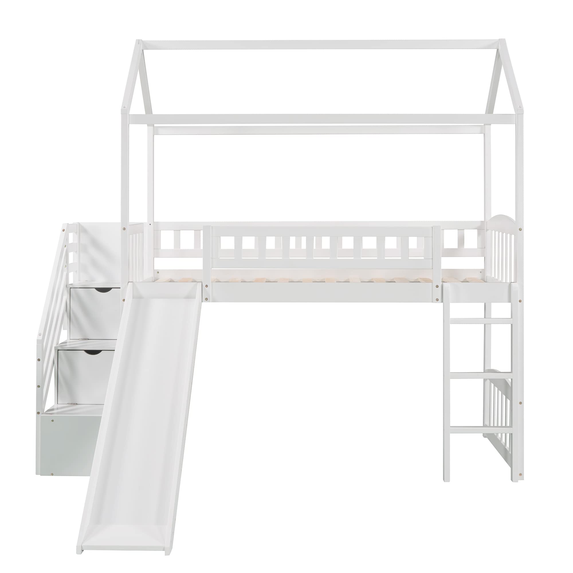 Harper & Bright Designs Twin Loft Bed with Slide, Staircase & Drawers - Wooden Kids Loft Bed Frame for Boys & Girls - No Box Spring Needed - White - Perfect for Small Bedrooms, Playrooms & Kids' Sleepovers