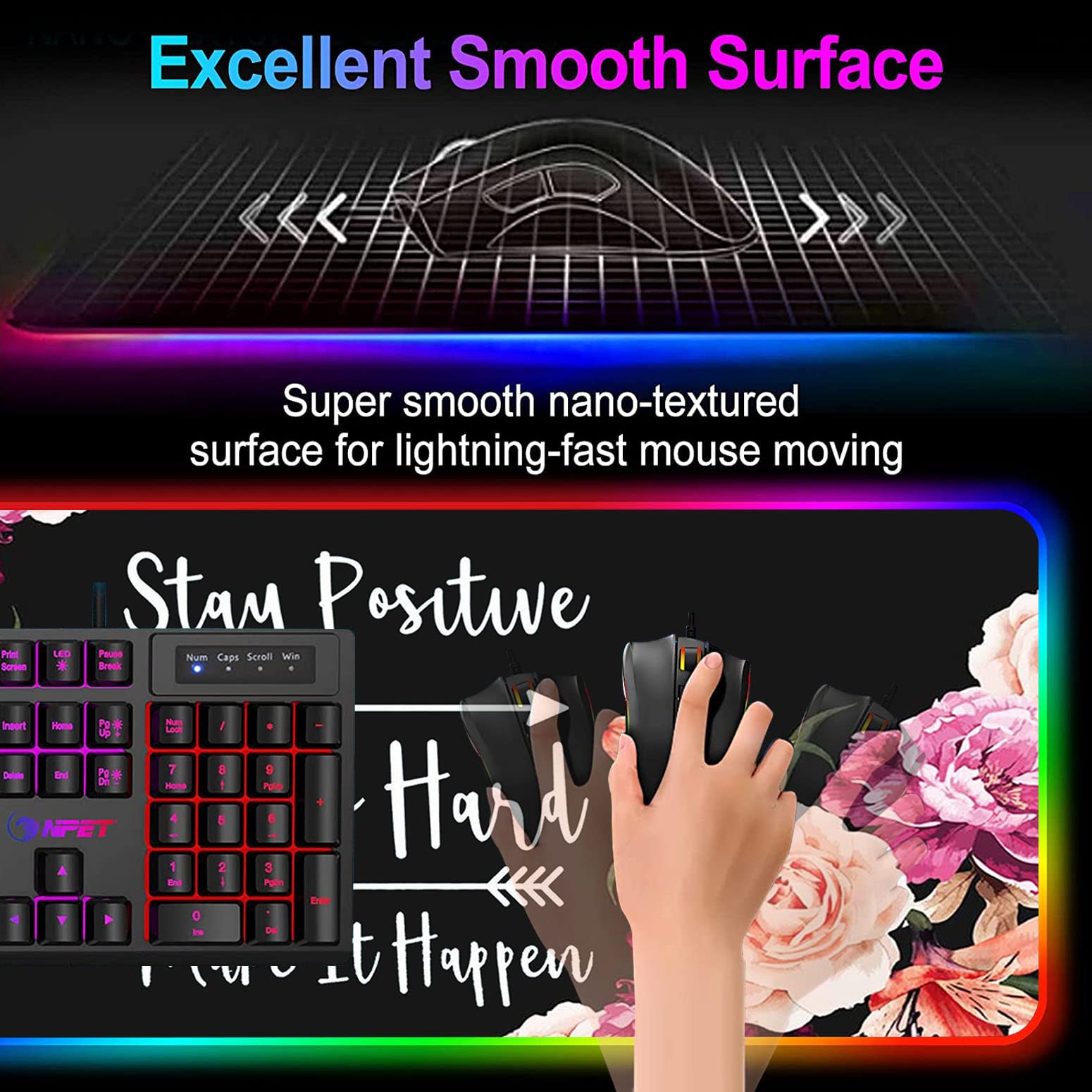 RGB Gaming Mouse Pad - Large LED Light-Up Desk Mat with Non-Slip Surface, Waterproof & Optical Tracking - Perfect for PC Gaming, Office Work & Streaming Setup (Stay Positive Work Hard Theme)