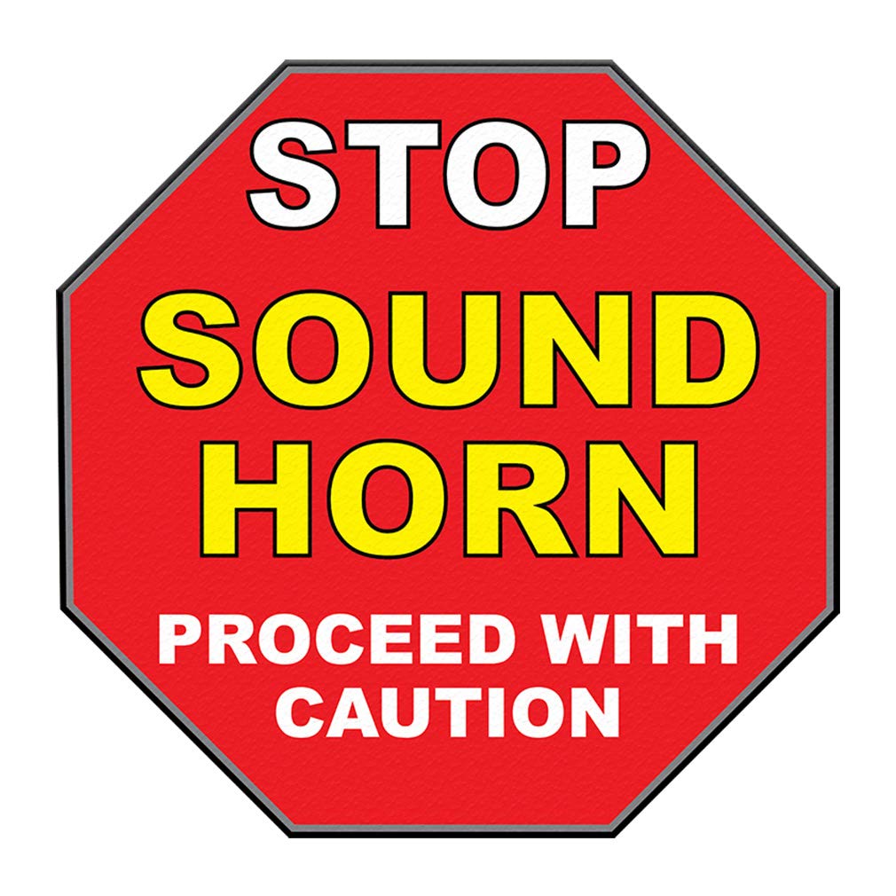 Red Anti-Slip Stop Floor Decals - 36 Inch Round Industrial Safety Signs with Sound Horn Warning | Caution Proceed Stickers for Warehouse, Factory & Construction Site Safety