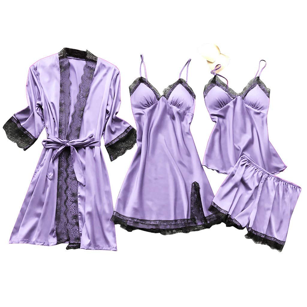 4PCs Women's Silk Satin Pajama Set - Sexy Lace Trim Sleepwear with Cami Top & Robe - Elegant Nightwear for Valentine's, Honeymoon & Anniversary Gifts