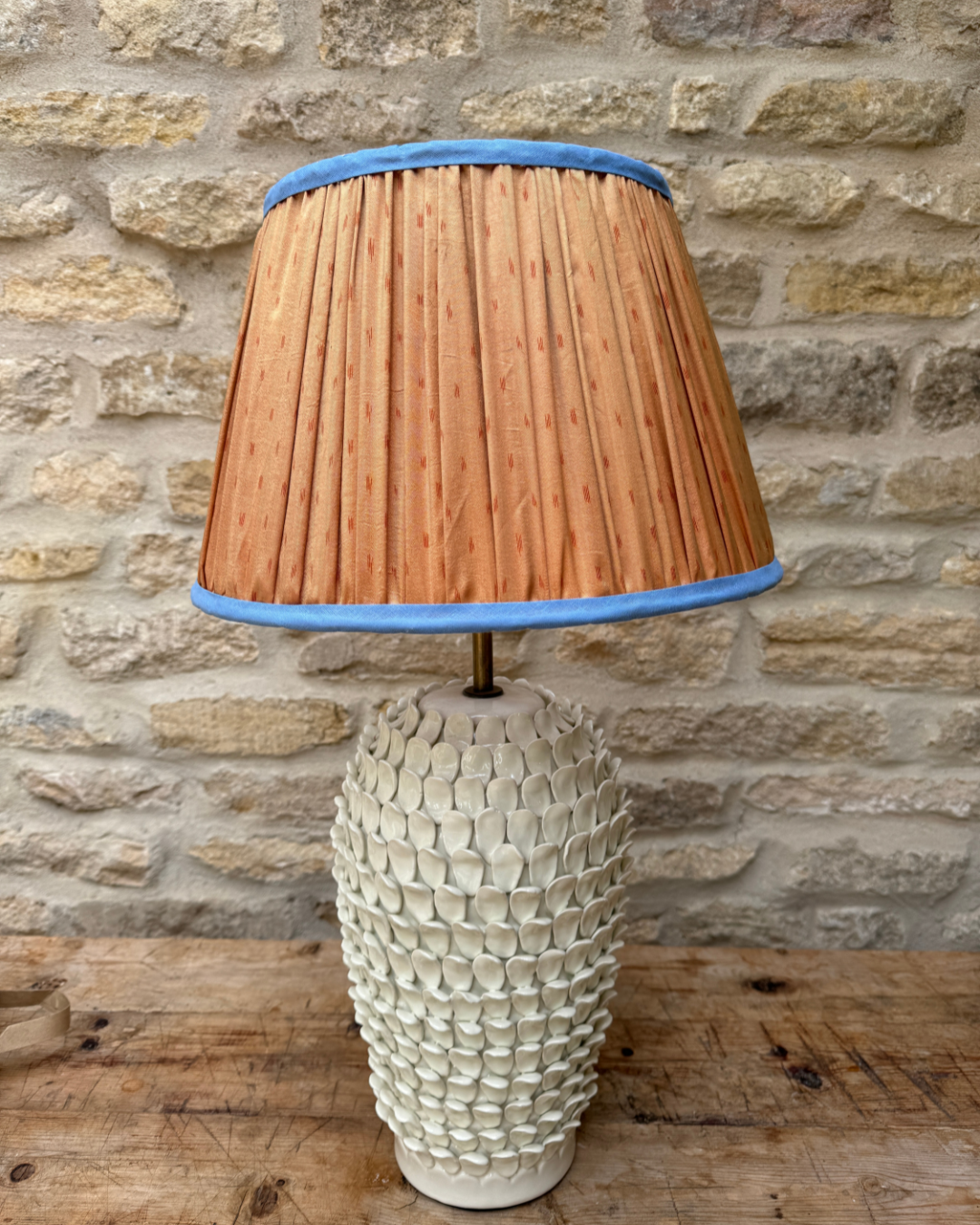 36cm Orange Silk Sari Lampshade with Blue Trim - Elegant Handmade Home Decor for Living Room, Bedroom & Boho Style Interior Design