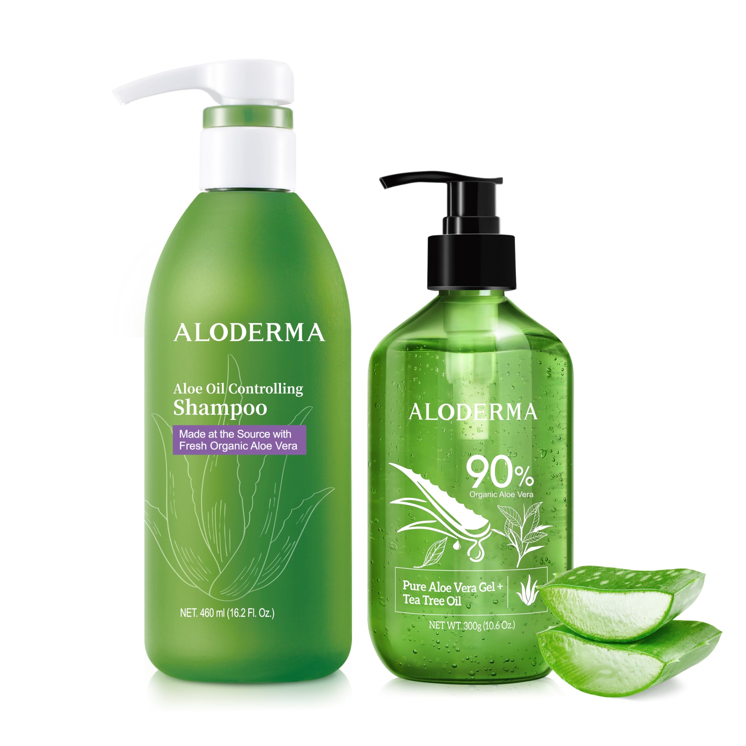 Aloderma Aloe Hair & Body Care Set - Oil Control Shampoo, Aloe Vera Gel with Tea Tree Oil (300g) for Hydration & Scalp Care | Perfect for Daily Hair Wash & Skin Moisturizing