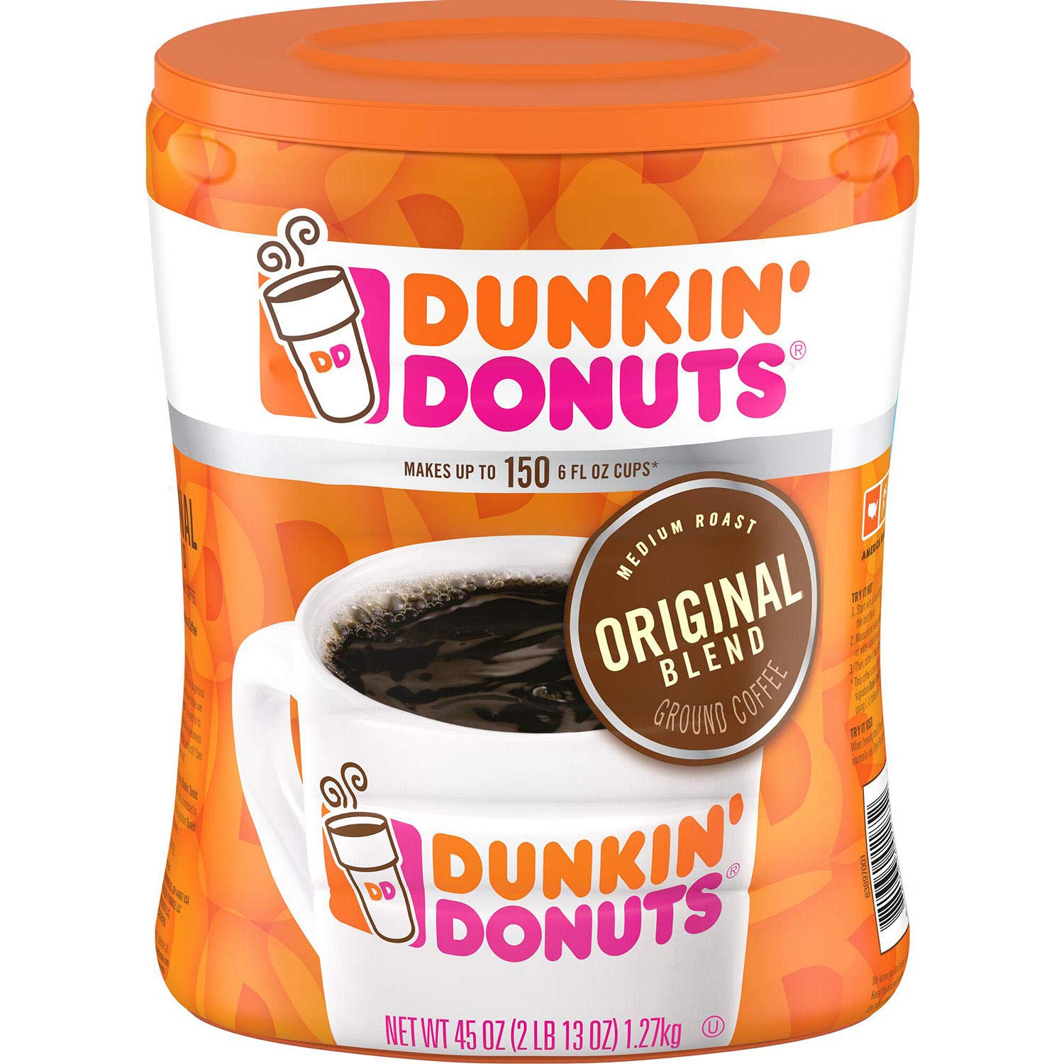 Dunkin' Donuts Original Blend Ground Coffee, 45 oz Bag (2 Pack) - Medium Roast, 150 Cups - Perfect for Home Brewing, Office & Gifting
