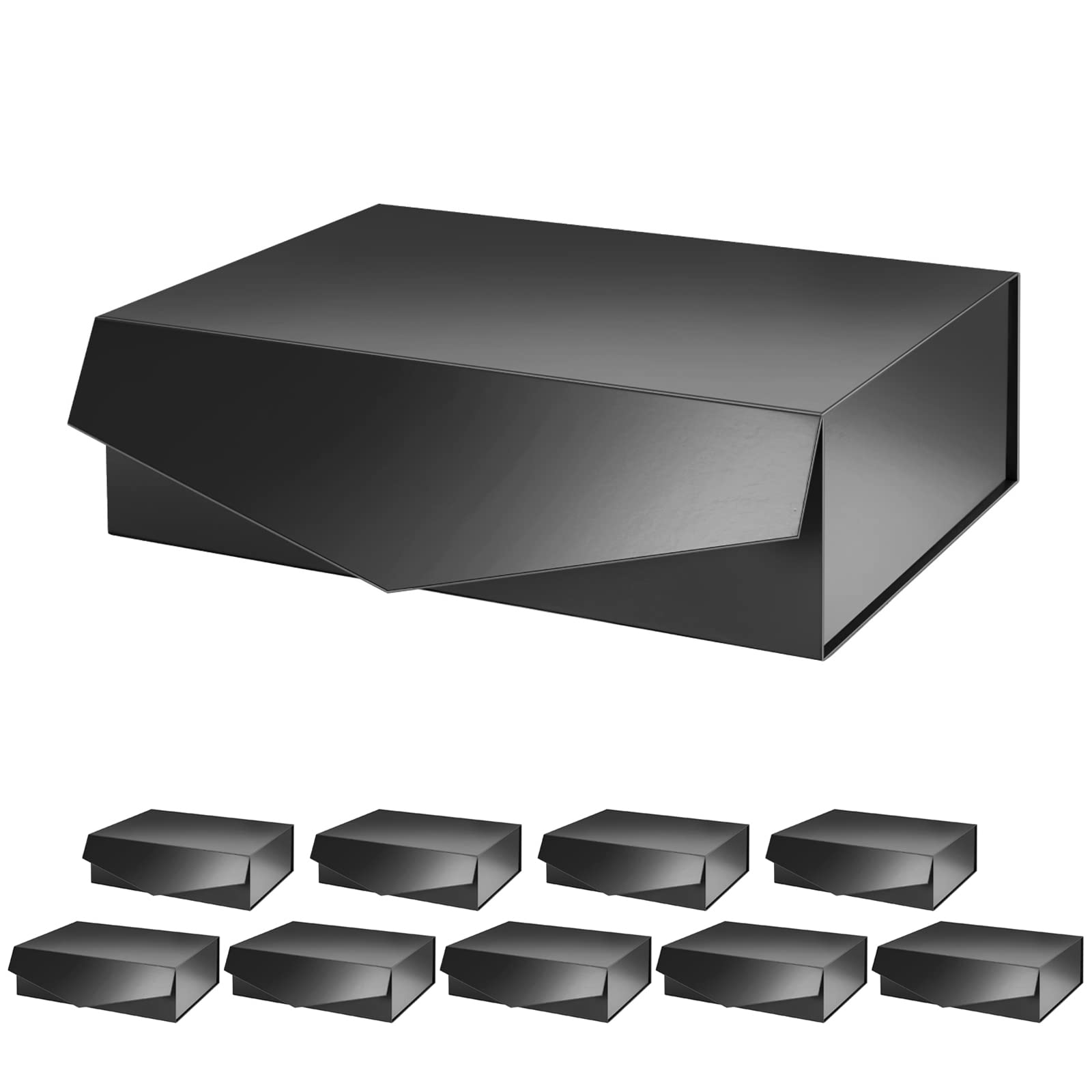 PACKQUEEN 10-Pack 13.5x9x4.1 Inch Large Gift Boxes with Magnetic Closure Lids - Premium Sturdy Black Storage Boxes for Groomsman Proposals, Jewelry, Cosmetics & Luxury Gift Wrapping (Glossy Finish) - Perfect for Weddings, Birthdays & Corporate Gifts