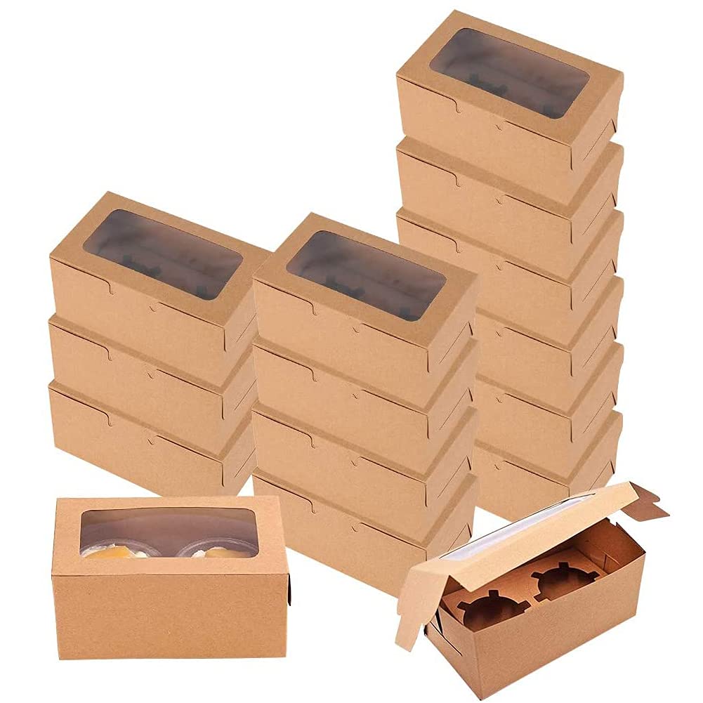 Premium Kraft Paper Cupcake Boxes with Clear Window & Inserts - Set of 15 | Bakery-Style Dessert Display Boxes for Cupcakes, Pastries, Cookies & Treats | Perfect for Parties, Weddings, Baby Showers & Gift Packaging