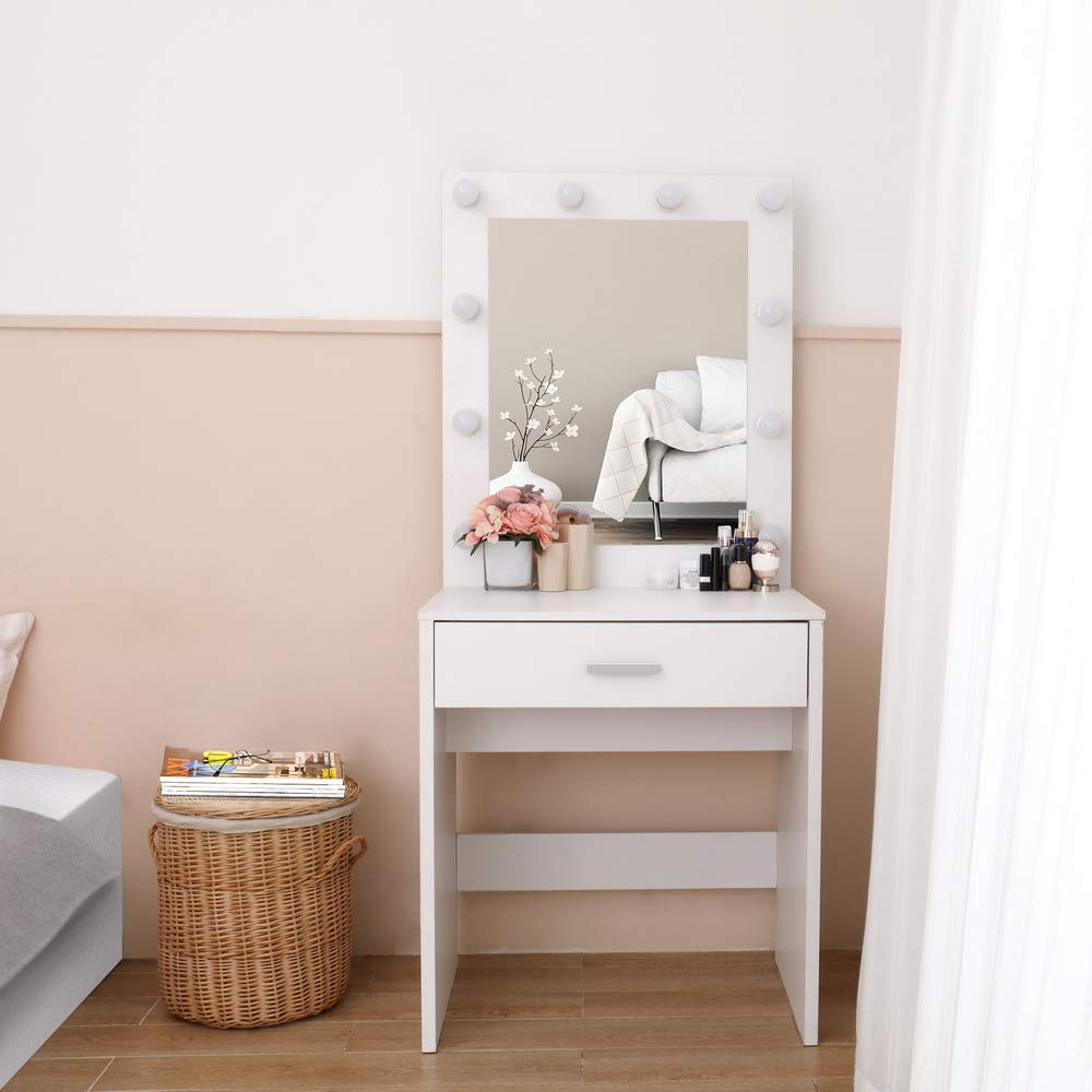 GBB Single Drawer Vanity Table with LED Lights & Large Mirror - White Makeup Dressing Table for Bedroom, Home Office, Hair Salon & Studio - Perfect for Daily Makeup, Skincare Routine & Professional Beauty Services
