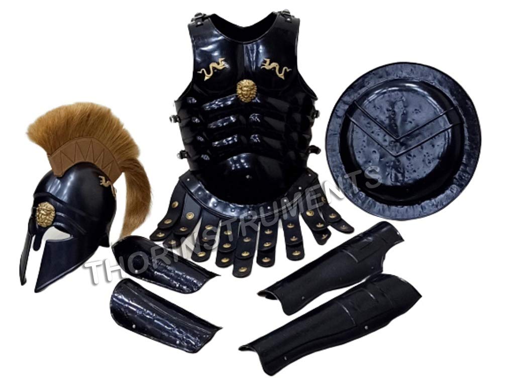 THOR INSTRUMENTS Medieval Halloween Costume Set - Greek Corinthian Helmet, Body Armor Jacket & Spartan Shield - Rustic Vintage Warrior Gear for Cosplay, LARP, Halloween Parties & Home Decor Gifts
