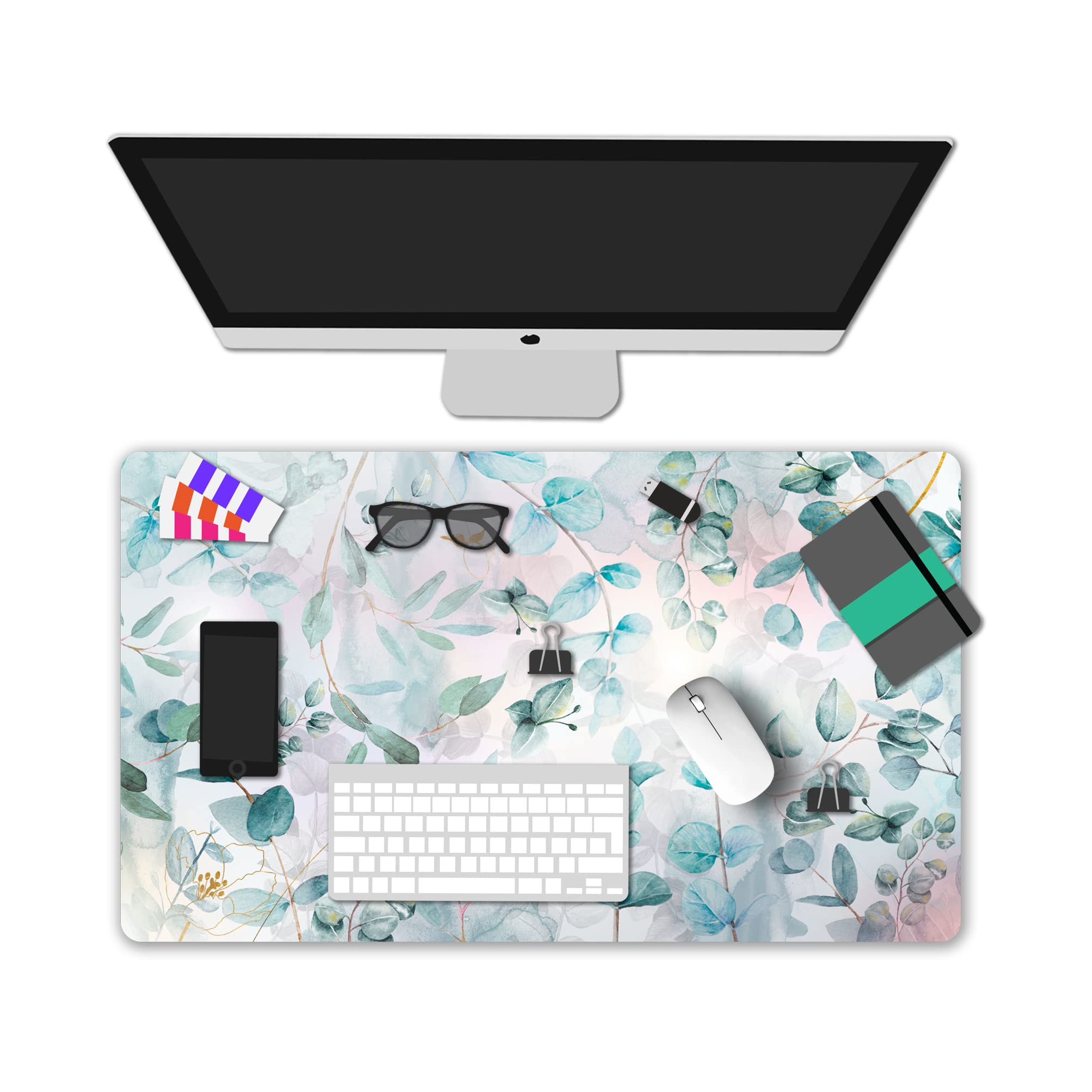 XXL Gaming Mouse Pad - Non-Slip Rubber Base, Waterproof Desk Mat for Work & Gaming | Green Floral Design