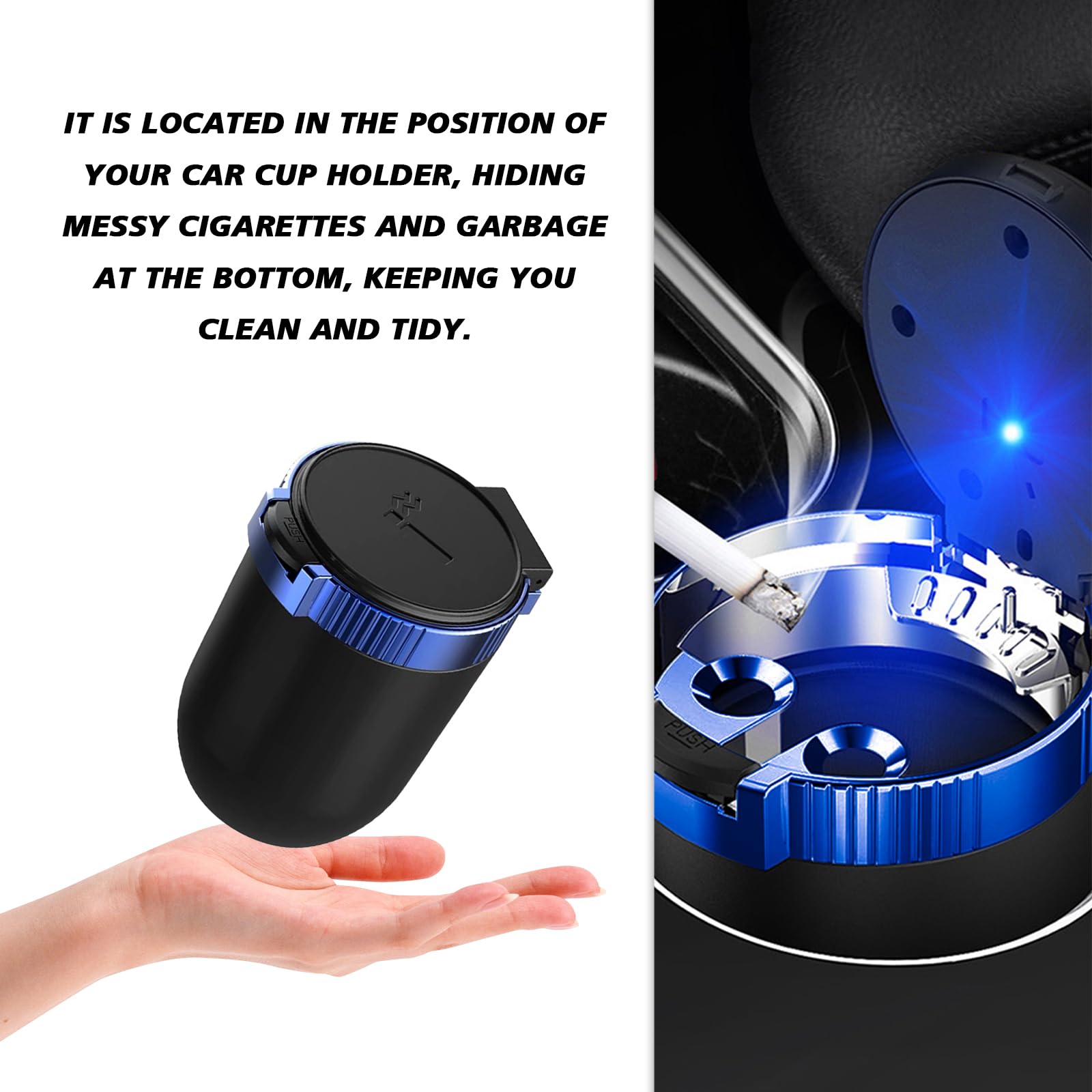 Smell Proof Car Ashtray with Lid - Portable Mini Car Trash Can with LED Blue Light, Removable Stainless Steel Cup Holder, Universal Car Interior Accessories (Blue) for Smoke-Free Driving Experience