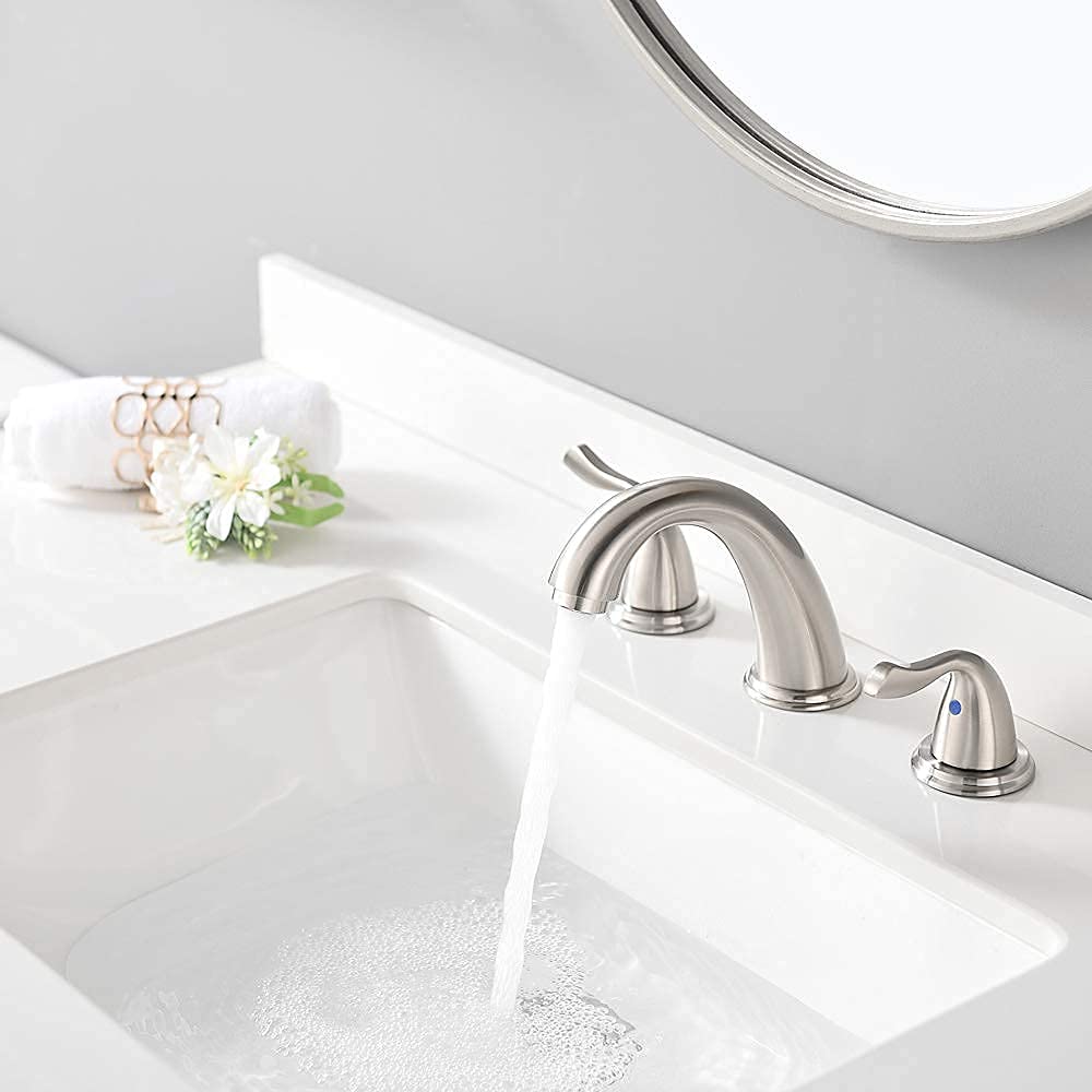 Premium Solid Brass Brushed Nickel 2-Handle Widespread Bathroom Sink Faucet with Stainless Steel Pop-Up Drain - Modern Waterfall Design for Vanity & Powder Room - Perfect for Master Bath, Guest Bath & Luxury Home Renovations