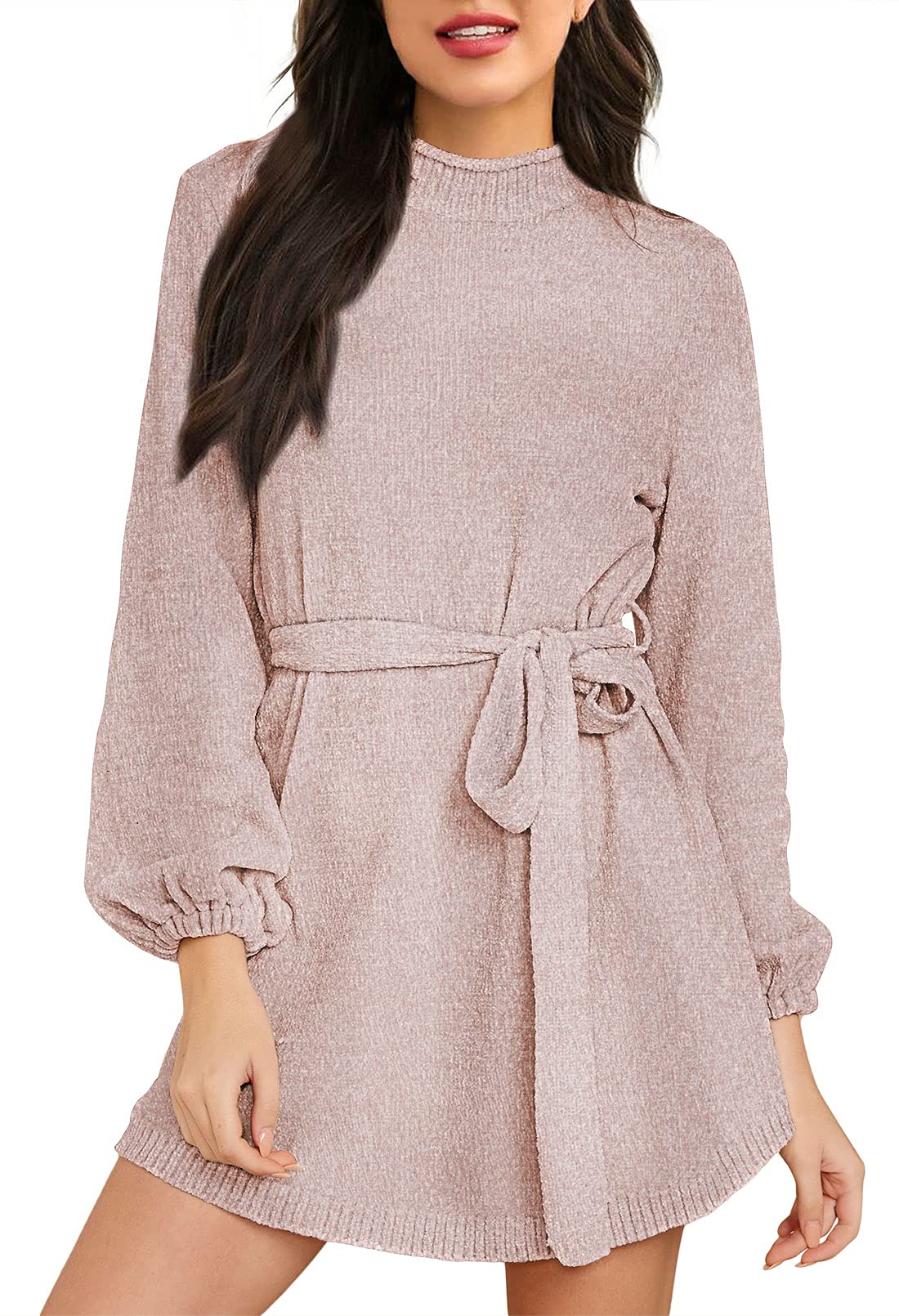 HAPCOPE Women's Elegant Chenille Sweater Dress 2023 Fall Winter Fashion Mock Neck Long Sleeve Belted Short Dress for Office, Party & Casual Wear