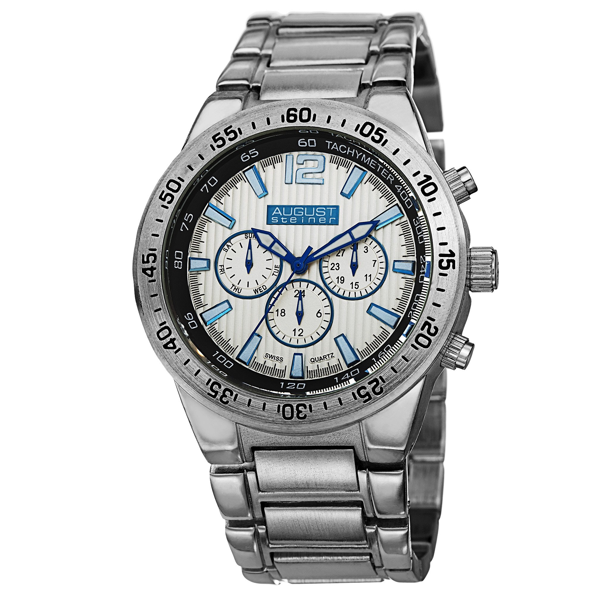 August Steiner Men's Swiss Quartz Multifunction Watch with 3 Subdials (Day/Date/GMT), Colored Accent Markers & Stainless Steel Bracelet - AS8128 | Perfect for Business, Travel & Formal Occasions