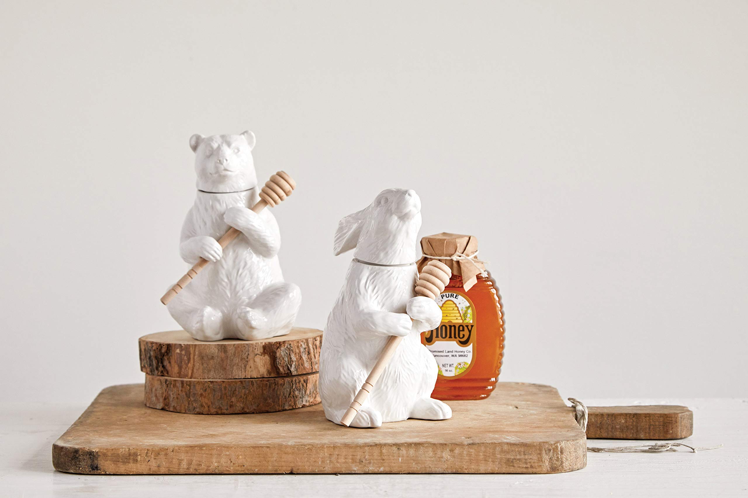 Creative Co-Op White Bear Shaped Honey Pot with Lid & Bamboo Dipper - Cute Honey Container for Tea, Coffee, Breakfast & Gift Giving - Perfect for Kitchen, Dining Table & Home Decor