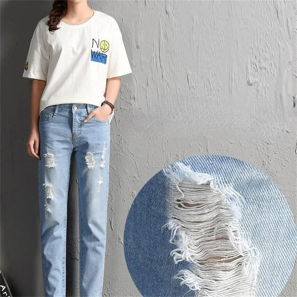 Trendy Women's Mid Waist Boyfriend Jeans with Ripped Holes - Vintage Y2K High Street Denim Pants for Casual Wear | Perfect for Street Style, Date Nights & Everyday Fashion