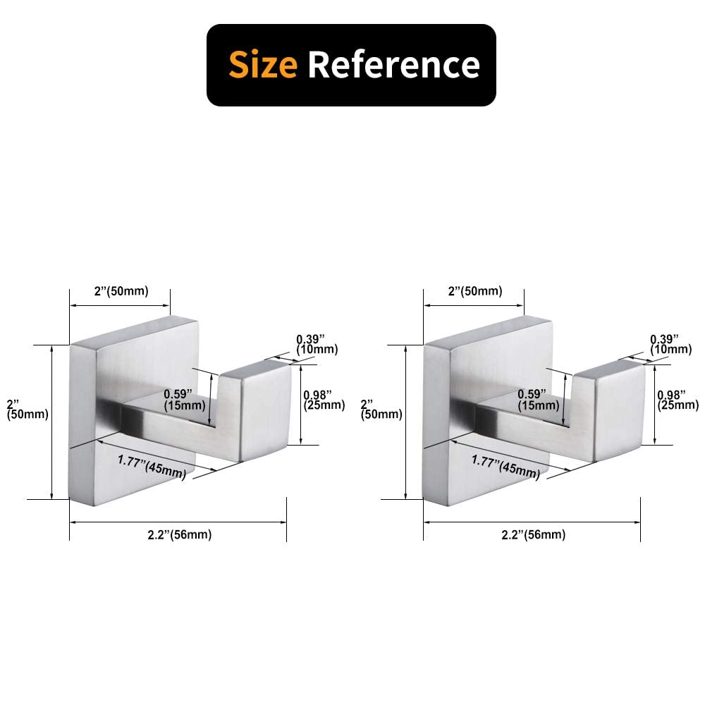 2 Pack Heavy Duty Brushed Stainless Steel Wall Mounted Towel & Robe Hooks - Bathroom, Kitchen, Closet, Garage & Hotel Use - Durable Coat & Clothes Hanger for Doors, Cabinets & Sponge Storage