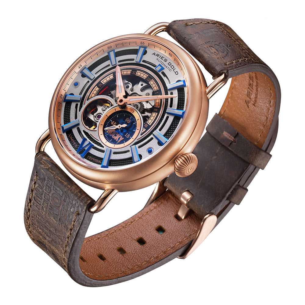 **Aries Gold Automatic Rocky Limited Edition Invincible Rose Gold Stainless Steel Watch G 9013 RG with Leather Strap for Men – Perfect for Formal Events & Luxury Gifts**
