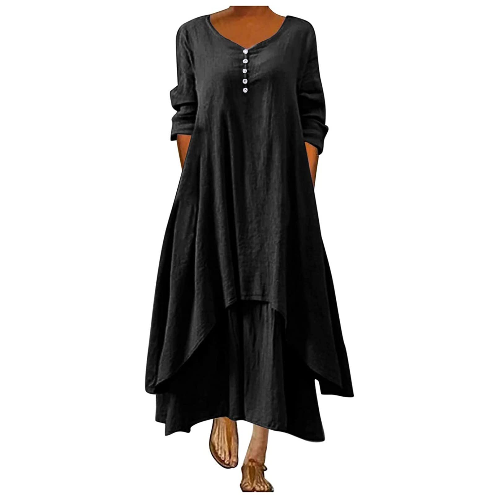 Jsarle Plus Size Dresses for Women - Elegant Round Neck Solid Long Sleeve Button Down Dress for Wedding Guest & Special Occasions | Flattering Formal Attire for Curvy Women