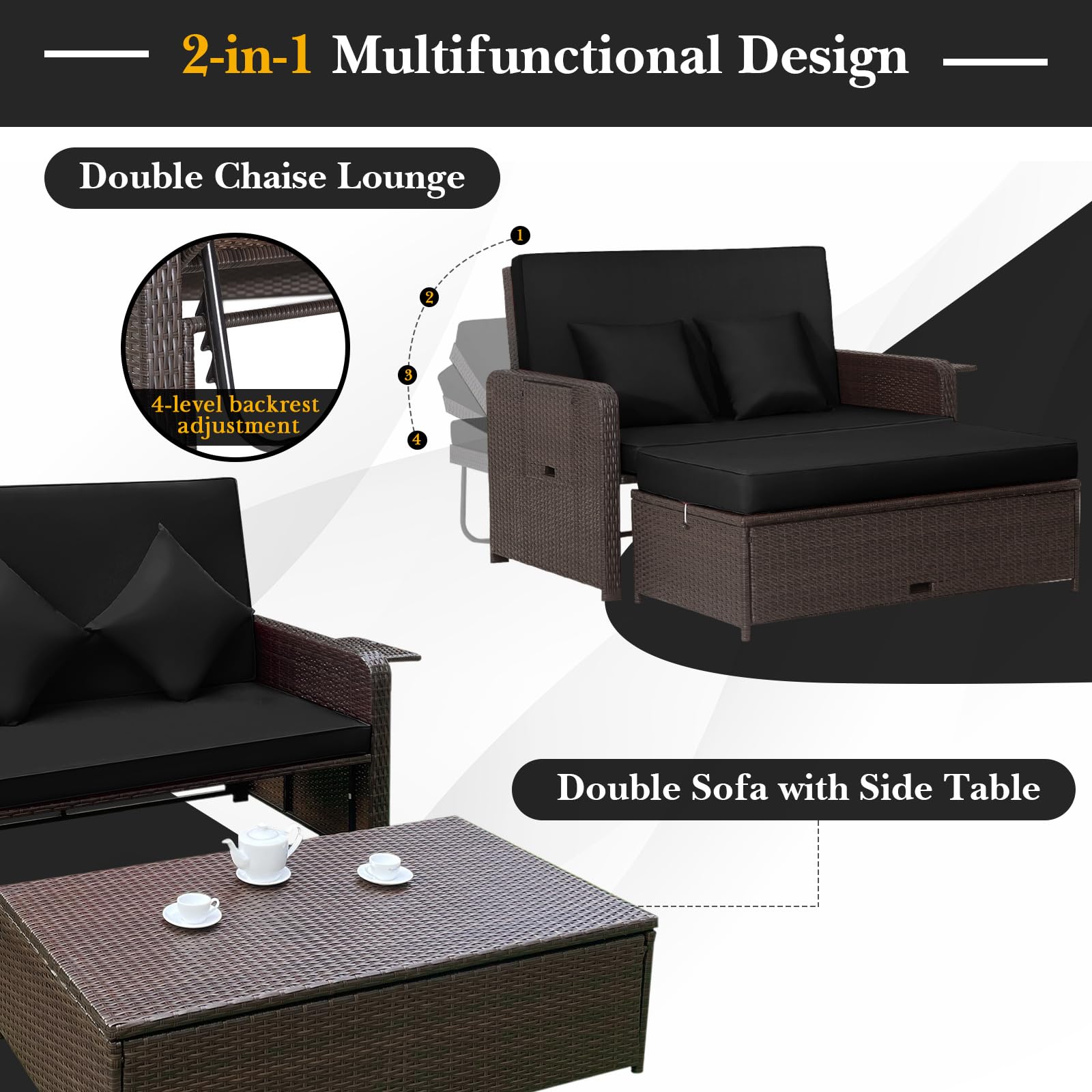Tangkula Outdoor Rattan Daybed Set with Adjustable Backrest, Wicker Loveseat Sofa, Ottoman & Side Tray - Patio Furniture for Garden, Poolside, Balcony (Black) - Includes Storage Footstool & Cushions