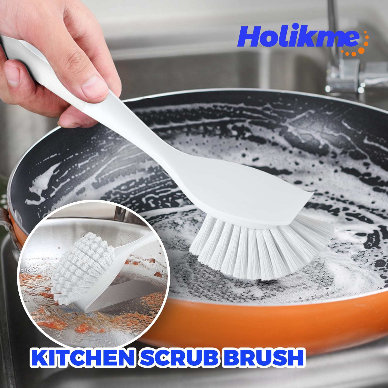 Holikme 7-Piece Dish Cleaning Brush Set - Scouring Pads, Kitchen Scrub Brushes, Bendable & Gap Cleaners for Pots, Pans, Sinks - Durable White Cleaning Tools for Easy Dishwashing & Stain Removal