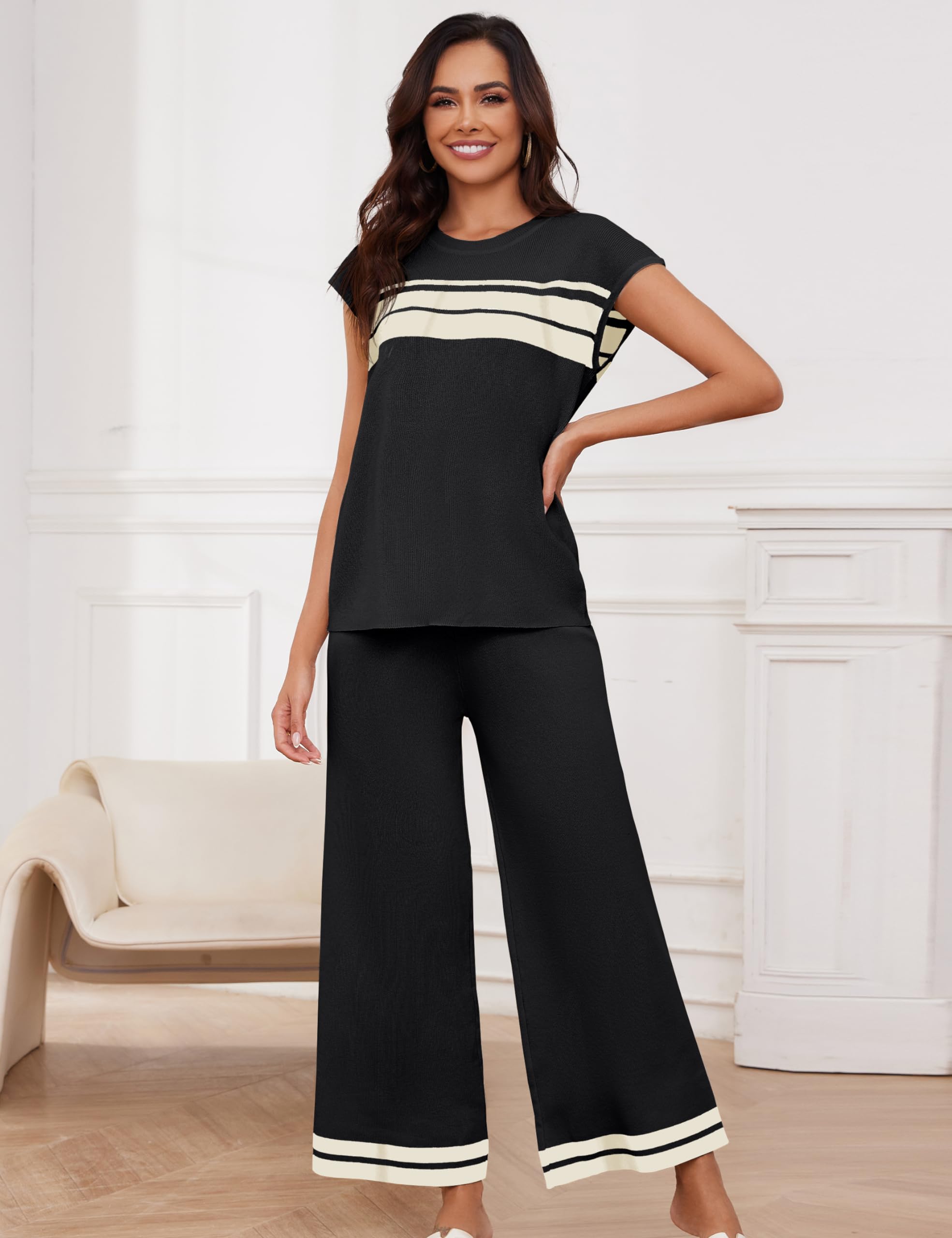 Women's 2 Piece Outfits - Sleeveless Knit Sweater Lounge Set & Jogger Pants, Soft Loungewear Tracksuit for Home, Yoga, and Casual Wear