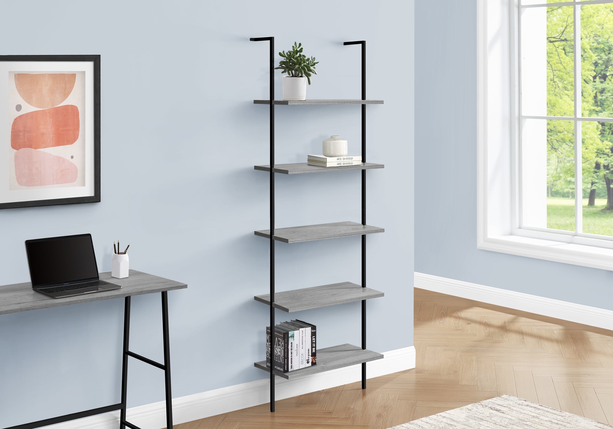 72-Inch Tall Grey & Black Metal Ladder Bookcase - Space-Saving Bookshelf for Home Office, Living Room, or Bedroom Storage