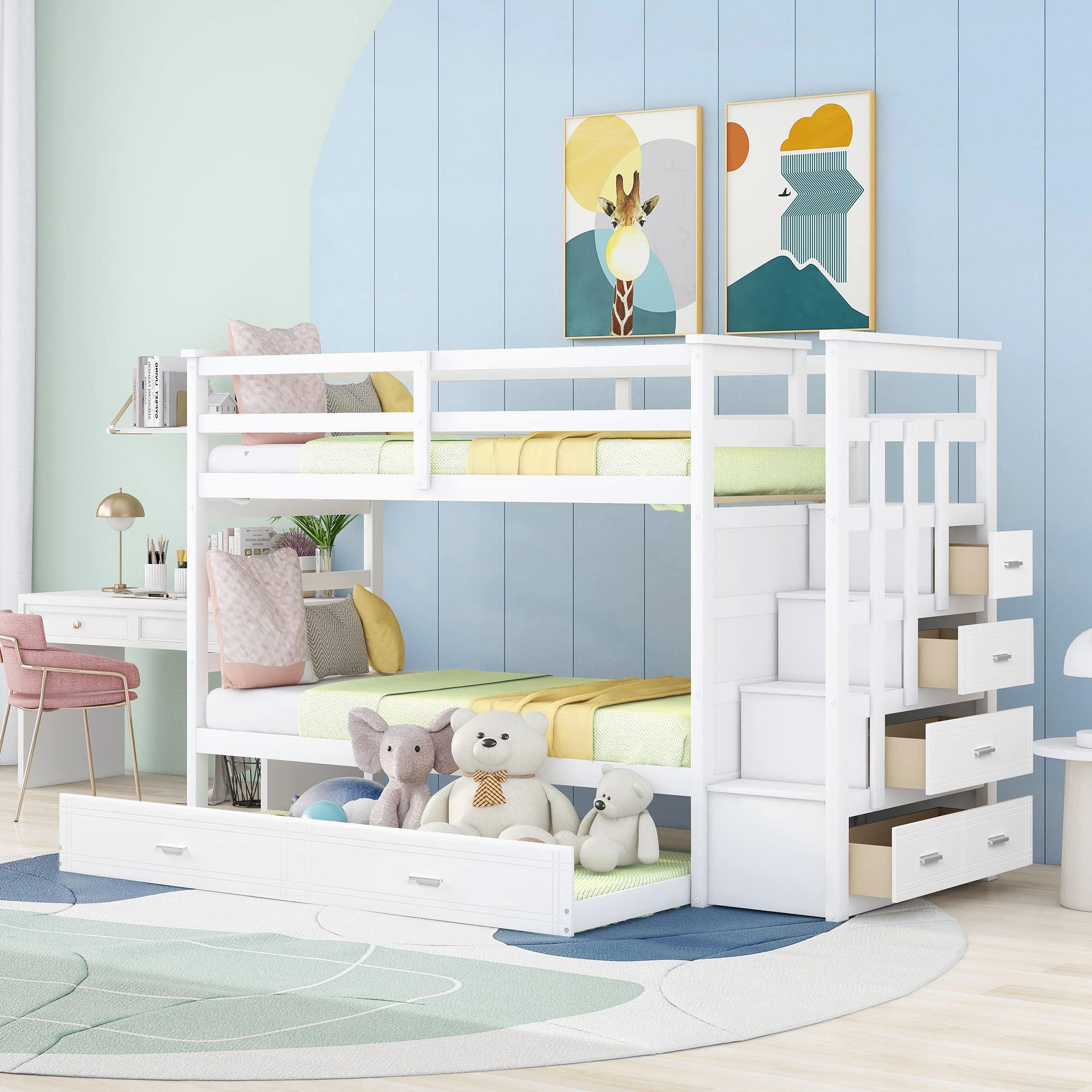 White Twin Over Twin Bunk Bed with Trundle, Stairs & Storage - Safe for Kids & Teens