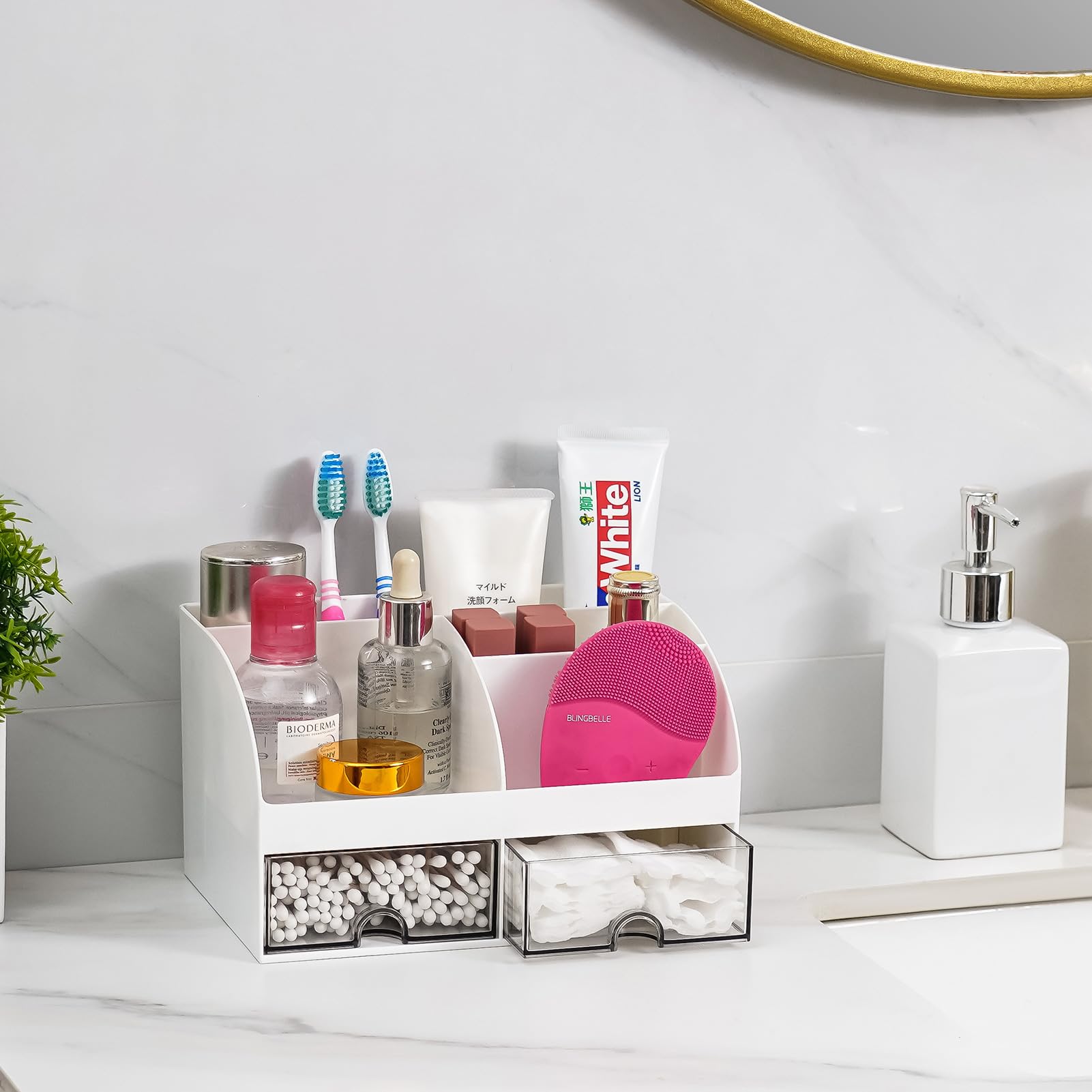 VITVITI 5-Slot Toothbrush Holder with Drawers - Bathroom Countertop Organizer for Toothpaste, Makeup & Vanity - White Plastic Sink Organizer for Home, Office & Travel Use