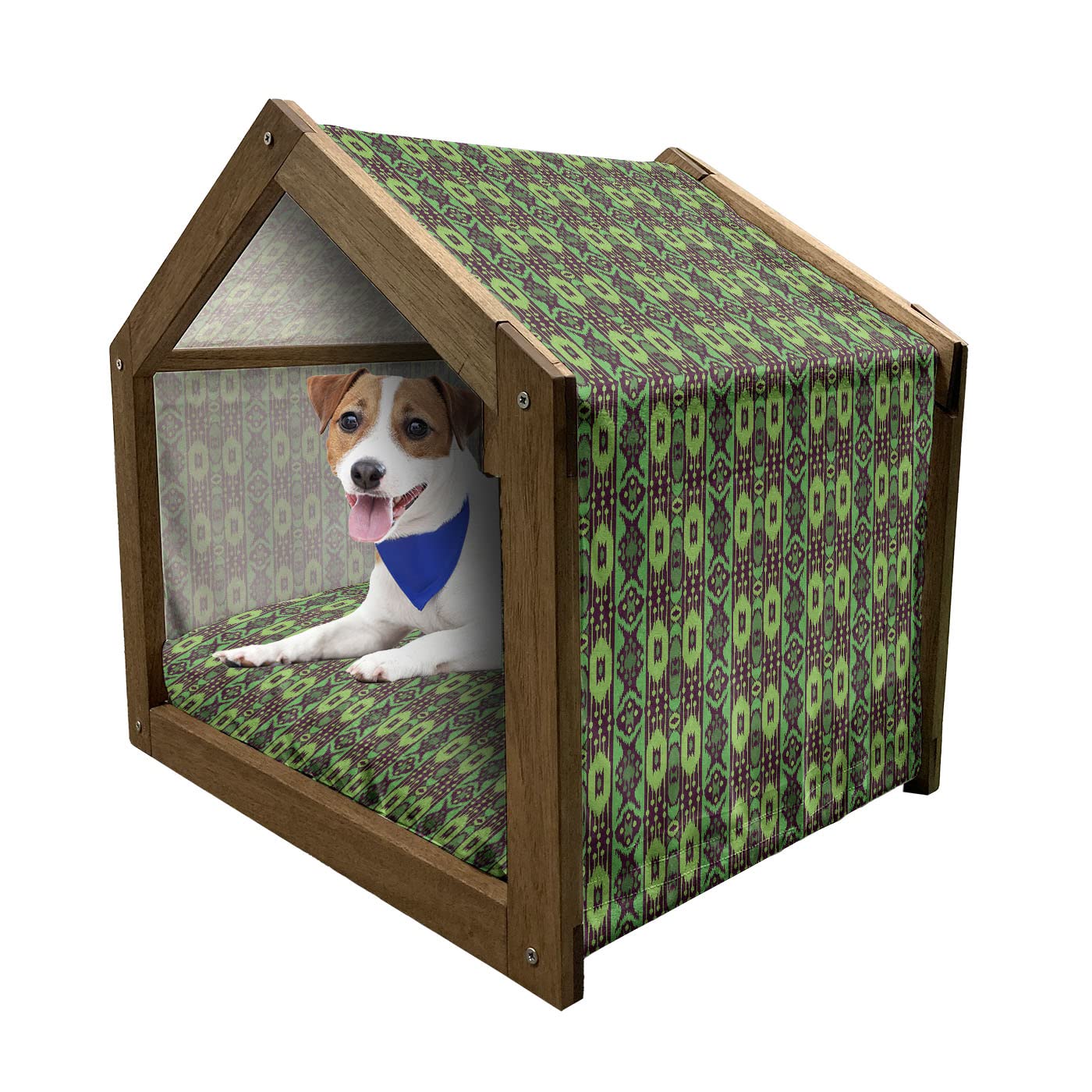 Ambesonne Ikat Wooden Dog House - Traditional Folk Style Pet Kennel with Vintage Green & Brown Vertical Borders, Indoor & Outdoor Portable Dog Bed with Removable Pillow & Cover, Large Size for Medium to Big Dogs - Perfect for Home, Garden, Patio or Backyard Use