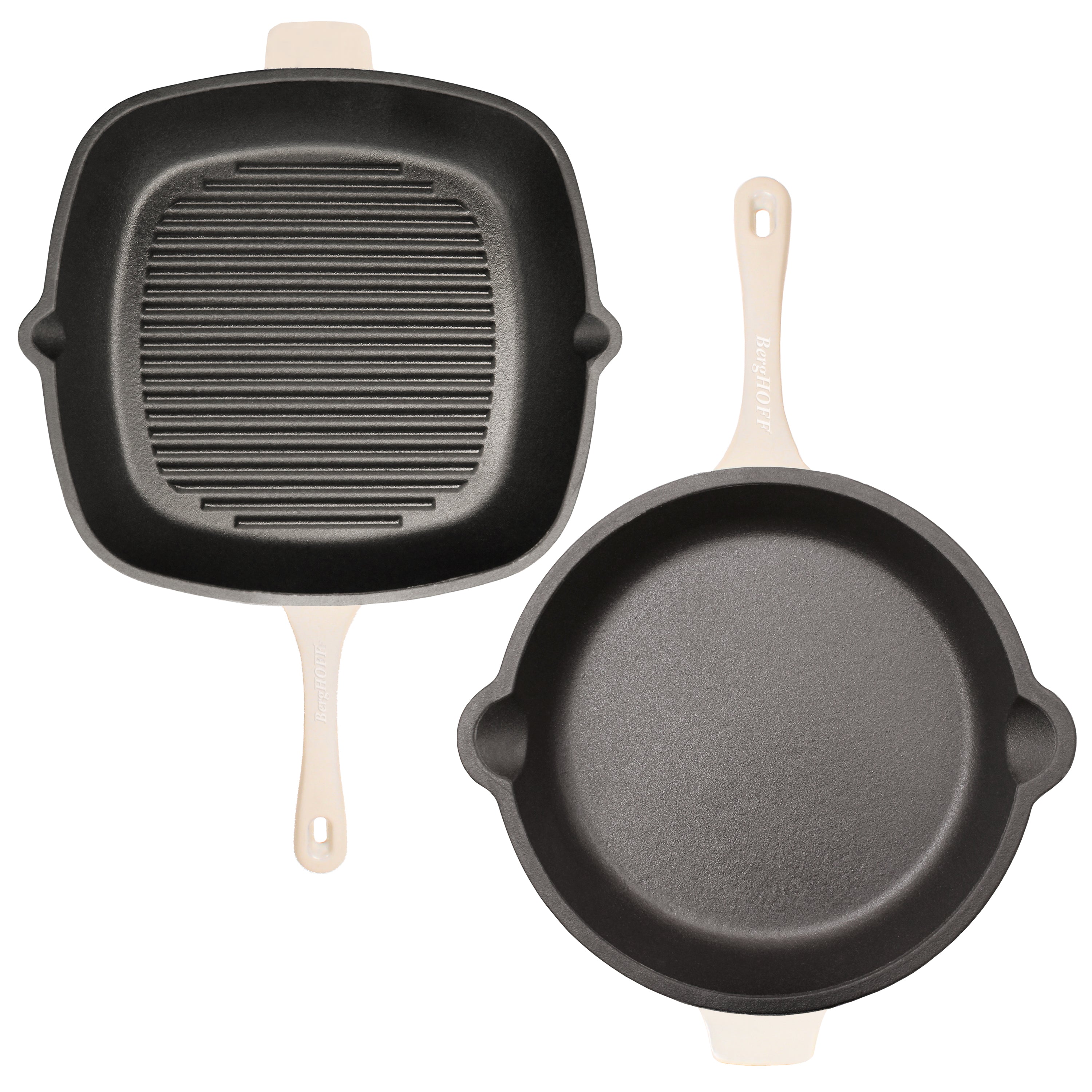 BergHOFF Neo 3-Piece Cast Iron Cookware Set - Grill Pan, Fry Pan & Slotted Steak Press - Durable Non-Stick Skillet for Steak, Burgers & Pancakes - Perfect for Stovetop, Oven & Outdoor Cooking