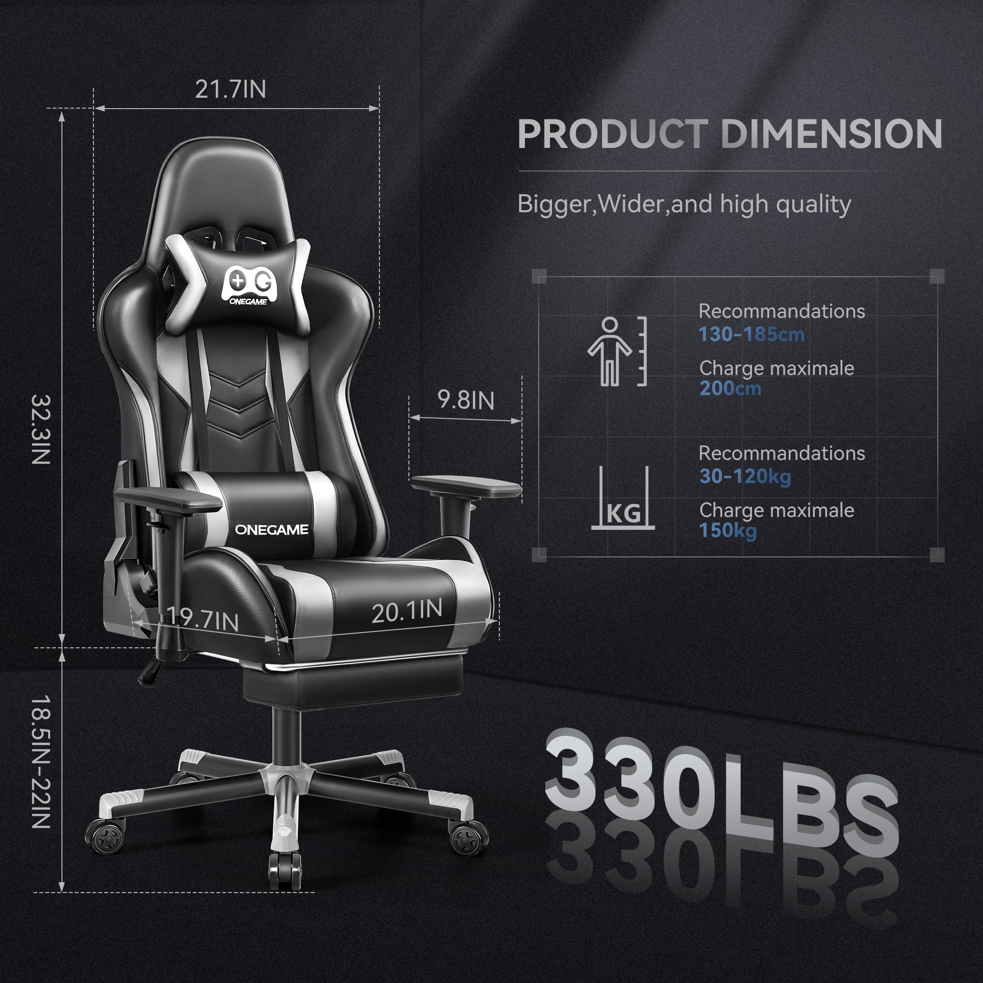 OneGame Ergonomic Gaming Chair for Adults - 3D Adjustable Armrests, Footrest & Lumbar Support - PU Leather Racing Style Computer Chair for Office & Video Games (Black/Gray) - Perfect for Esports, Streaming & Home Office Workspace