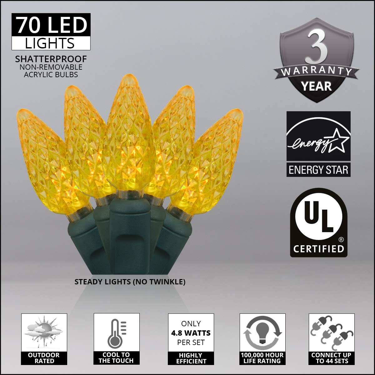 70 C6 Gold LED Christmas Lights - 24 Ft Indoor & Outdoor String Lights for Bedroom, Dorm, Tree & Holiday Decor | Wintergreen Lighting