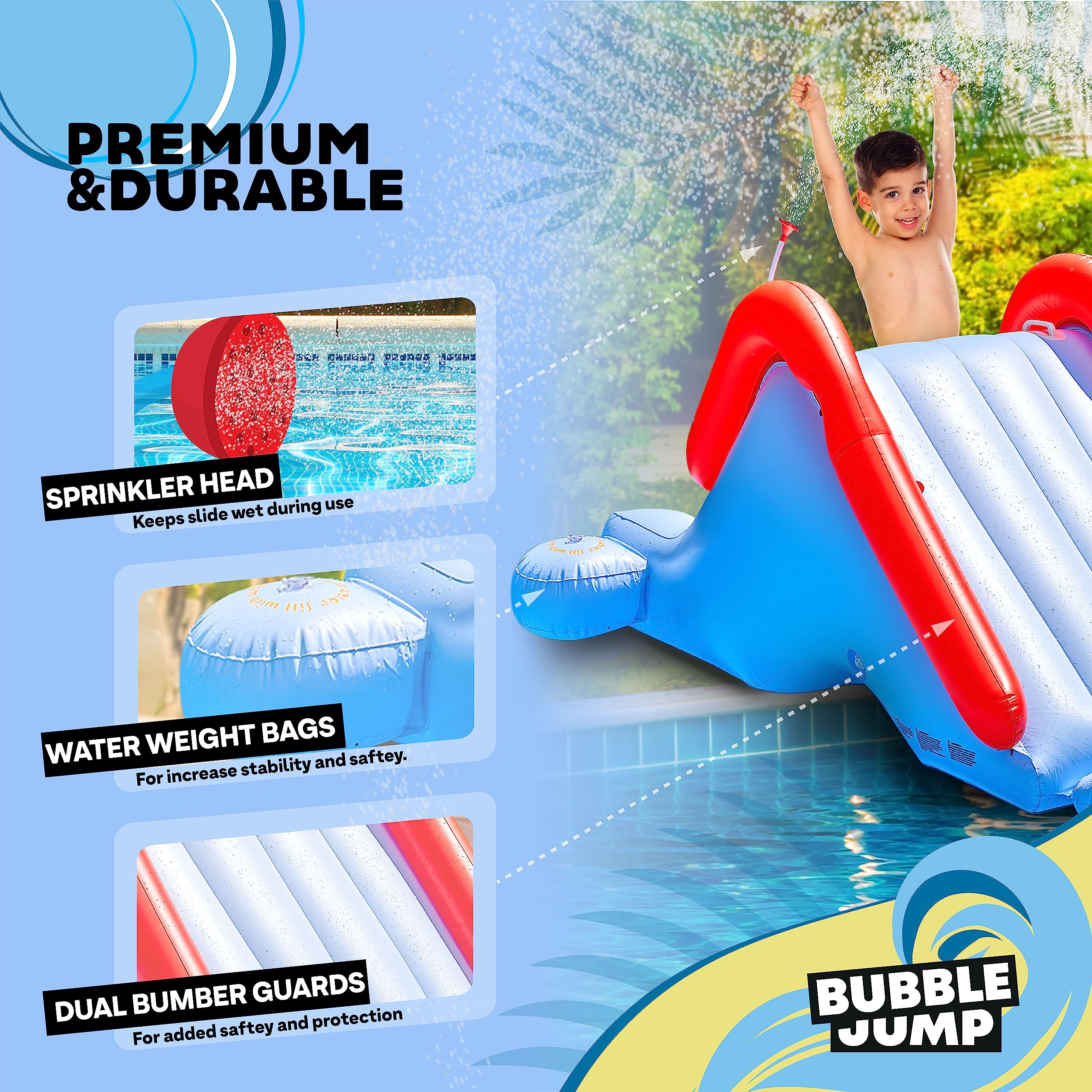 Best Inflatable Pool Slide for Inground Pools - Adjustable Sprayers & Weighted Water Base for Stability - Fun Water Slides for Adults & Kids Ages 7+ - Perfect for Backyard Parties, Summer Fun & Family Gatherings - By Bubble Jump