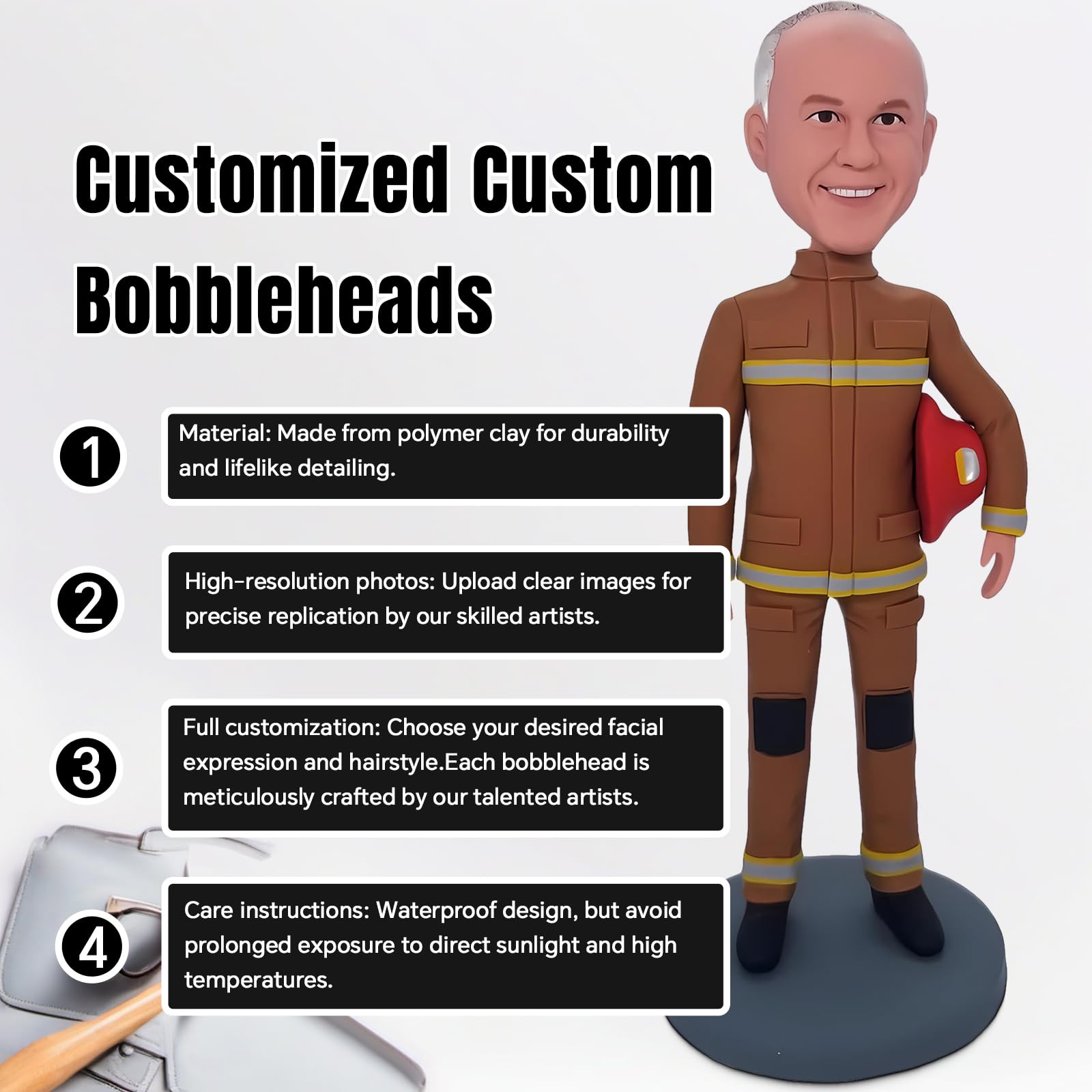 Custom Fireman Bobbleheads - Personalized Handcrafted Firefighter Bobblehead Figurines - Unique Gift for Brave Firefighters - Heroic Tribute for Fire Station Decor, Office Desk Display & Firefighter Appreciation Gifts