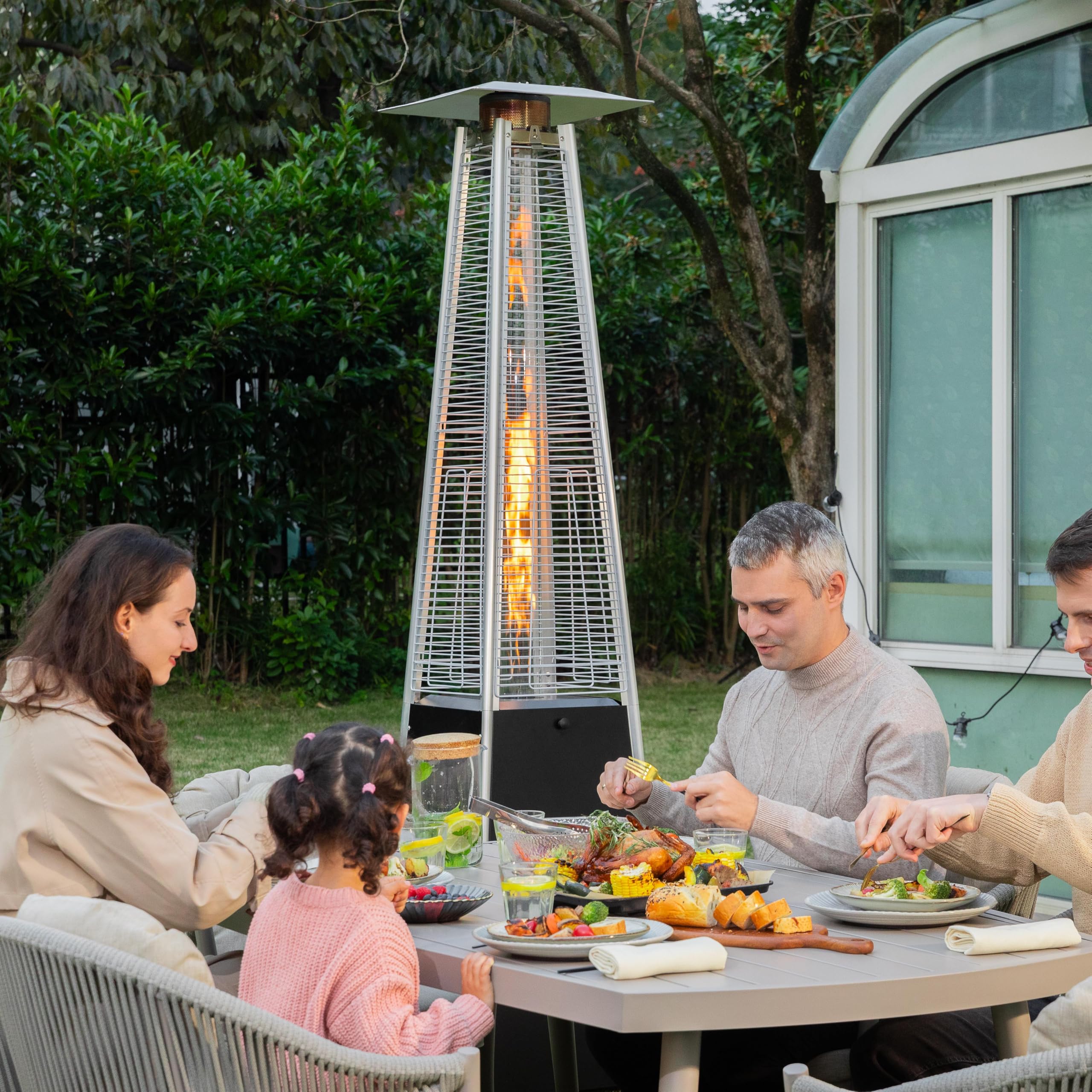 Nuu Garden 48,000 BTU Outdoor Propane Patio Heater with Wheels & Oxford Cover - Hammered Bronze Pyramid Tower Heater for Backyard, Deck, Terrace, Restaurant - Weather-Resistant Portable Heating Solution for Outdoor Gatherings